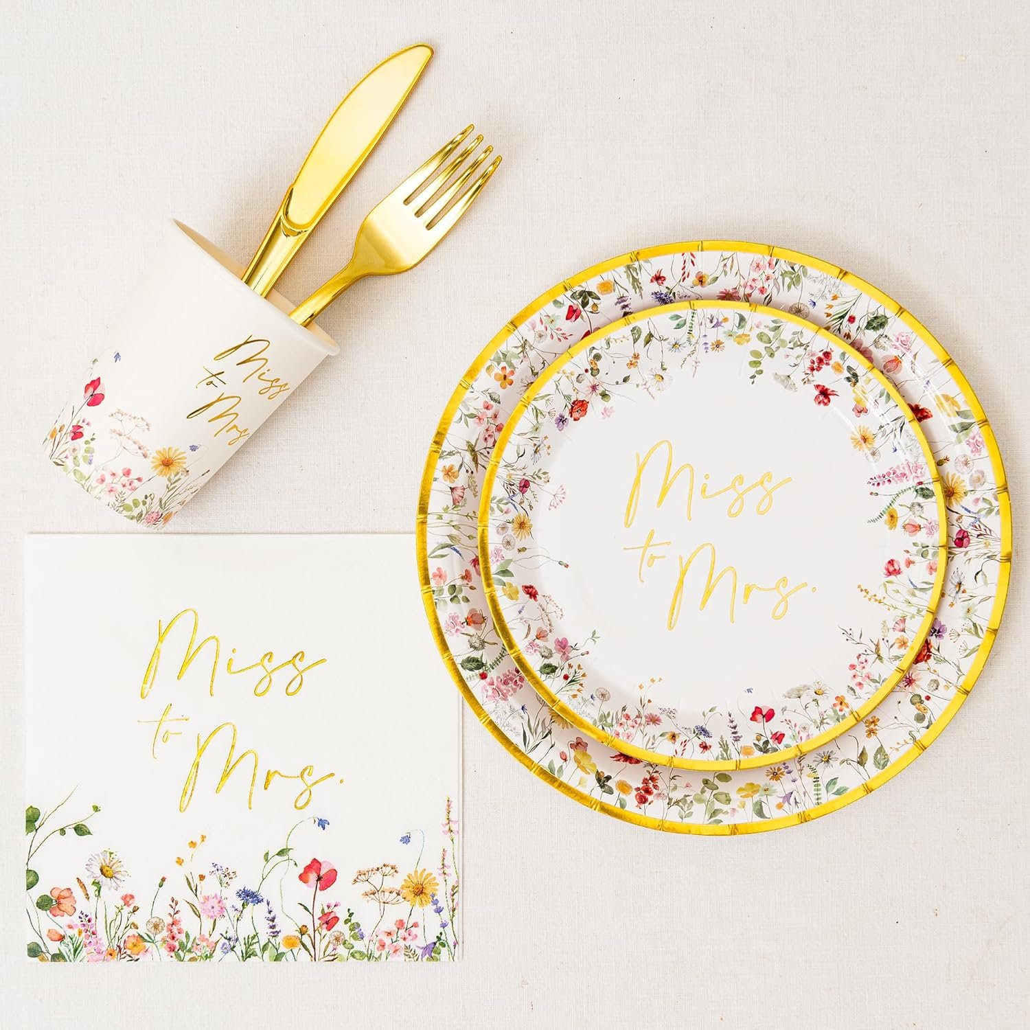 Wholesale Gold Miss to Mrs Floral Disposable Paper Tableware Set of 24 Bridal Shower Plates Napkins Cups Tablecloth Knife Fork for Wedding Decorations 9