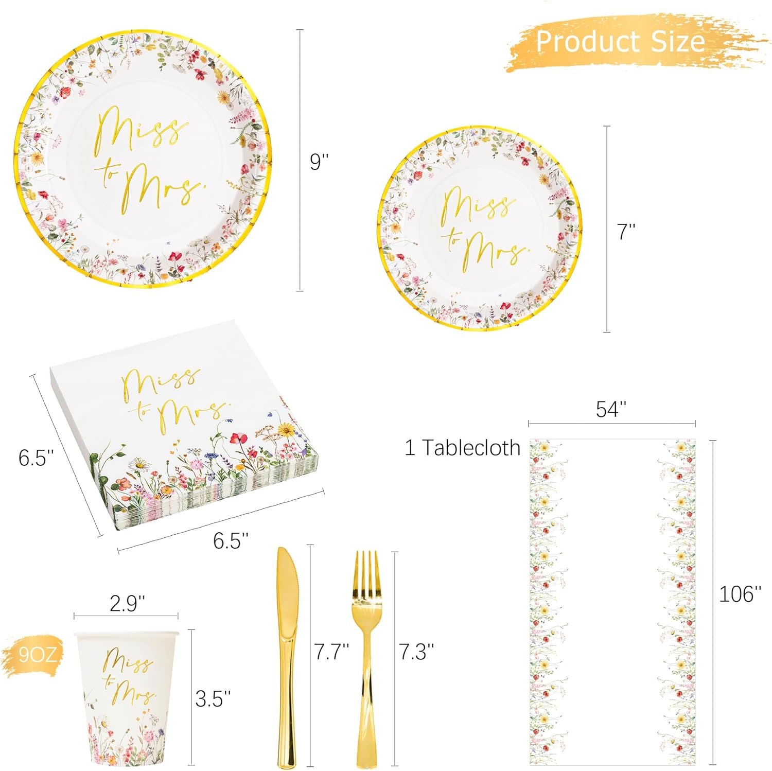 Wholesale Gold Miss to Mrs Floral Disposable Paper Tableware Set of 24 Bridal Shower Plates Napkins Cups Tablecloth Knife Fork for Wedding Decorations 9