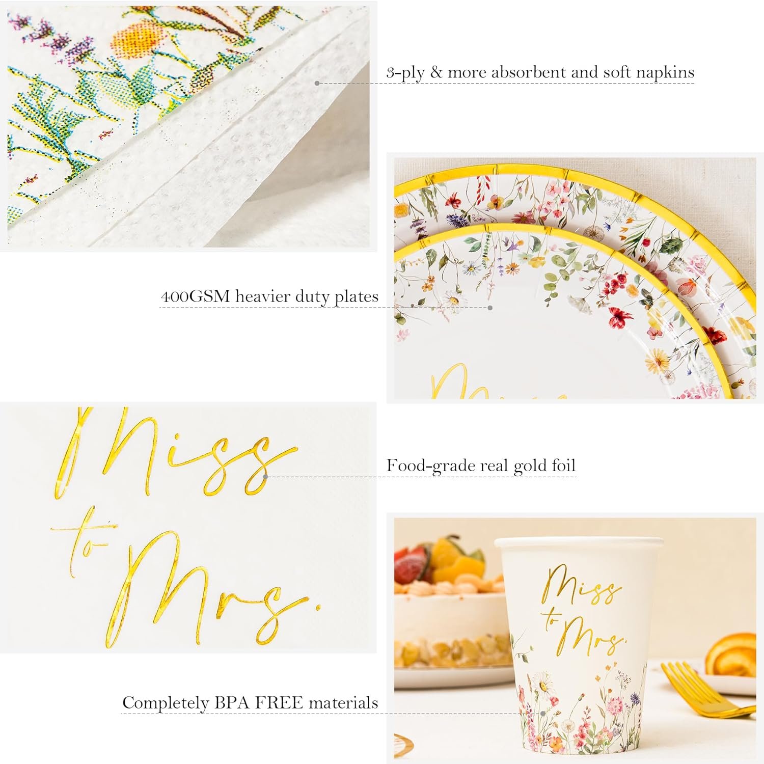 Wholesale Gold Miss to Mrs Floral Disposable Paper Tableware Set of 24 Bridal Shower Plates Napkins Cups Tablecloth Knife Fork for Wedding Decorations 9