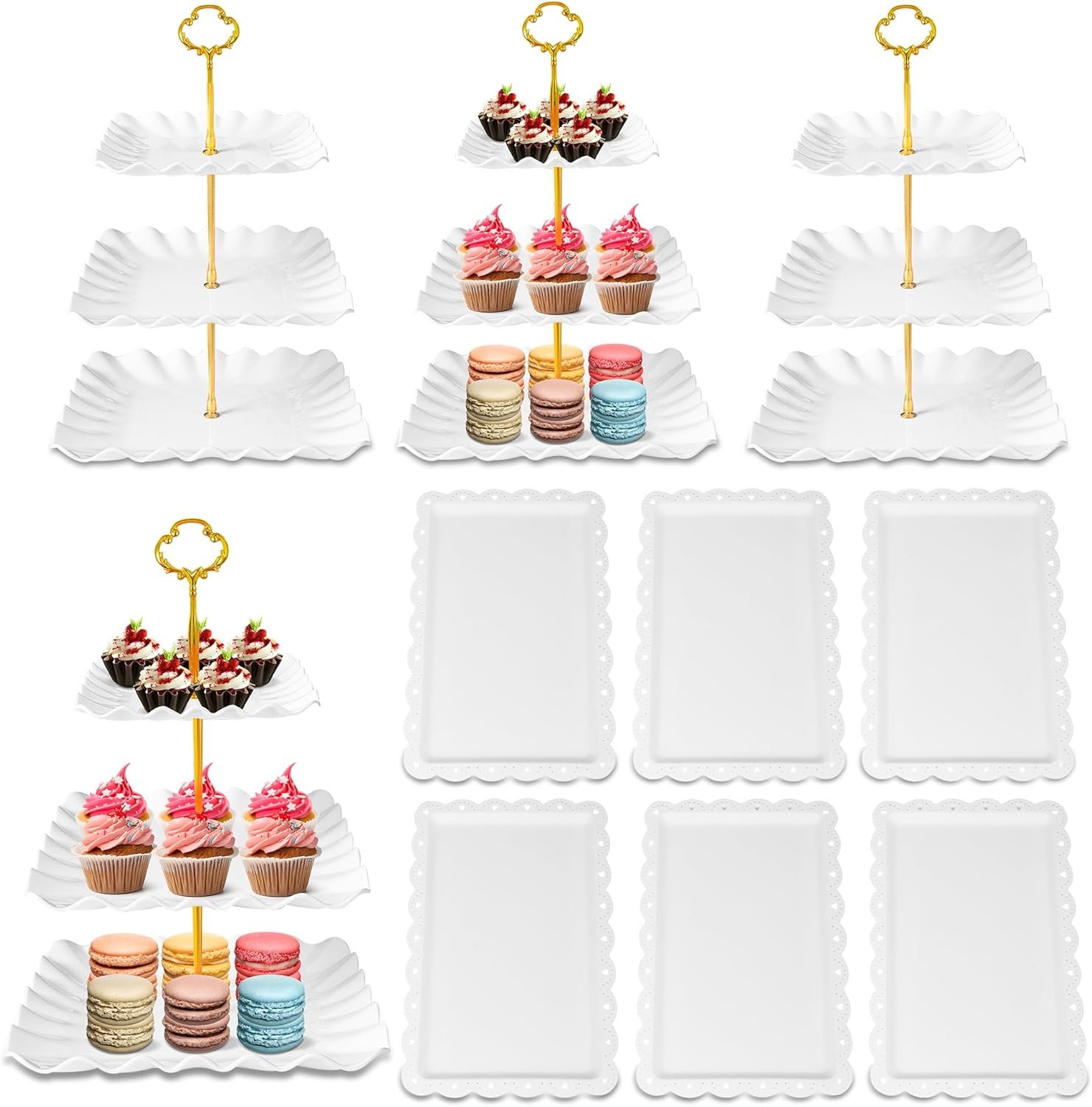Wholesale 10 Pack Dessert Table Display Set 4 x Three-Tier Square Cupcake Stands 6 x Serving Trays Elegant Tableware for Cakes Cupcakes Pastries Snacks Parties White Supplier