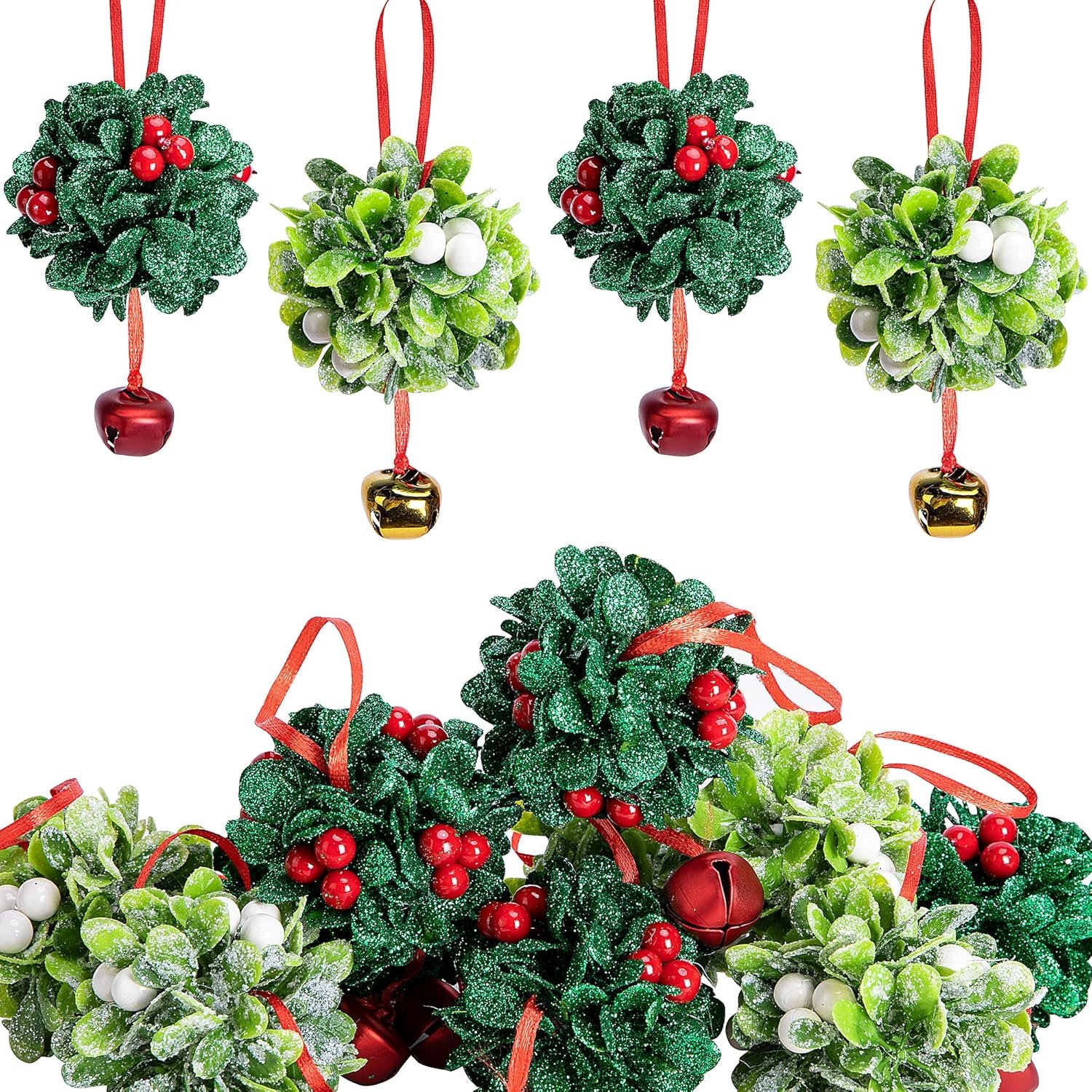 Wholesale 10 Pcs Glitter Mistletoe Kissing Ball Bells Ornaments with Berries Christmas Hanging Tree Doorway Arch Ceiling Decoration Supplier Wholesale 10 Pcs Glitter Mistletoe Kissing Ball Bells Ornaments with Berries Christmas Hanging Tree Doorway Arch Ceiling Decoration Supplier