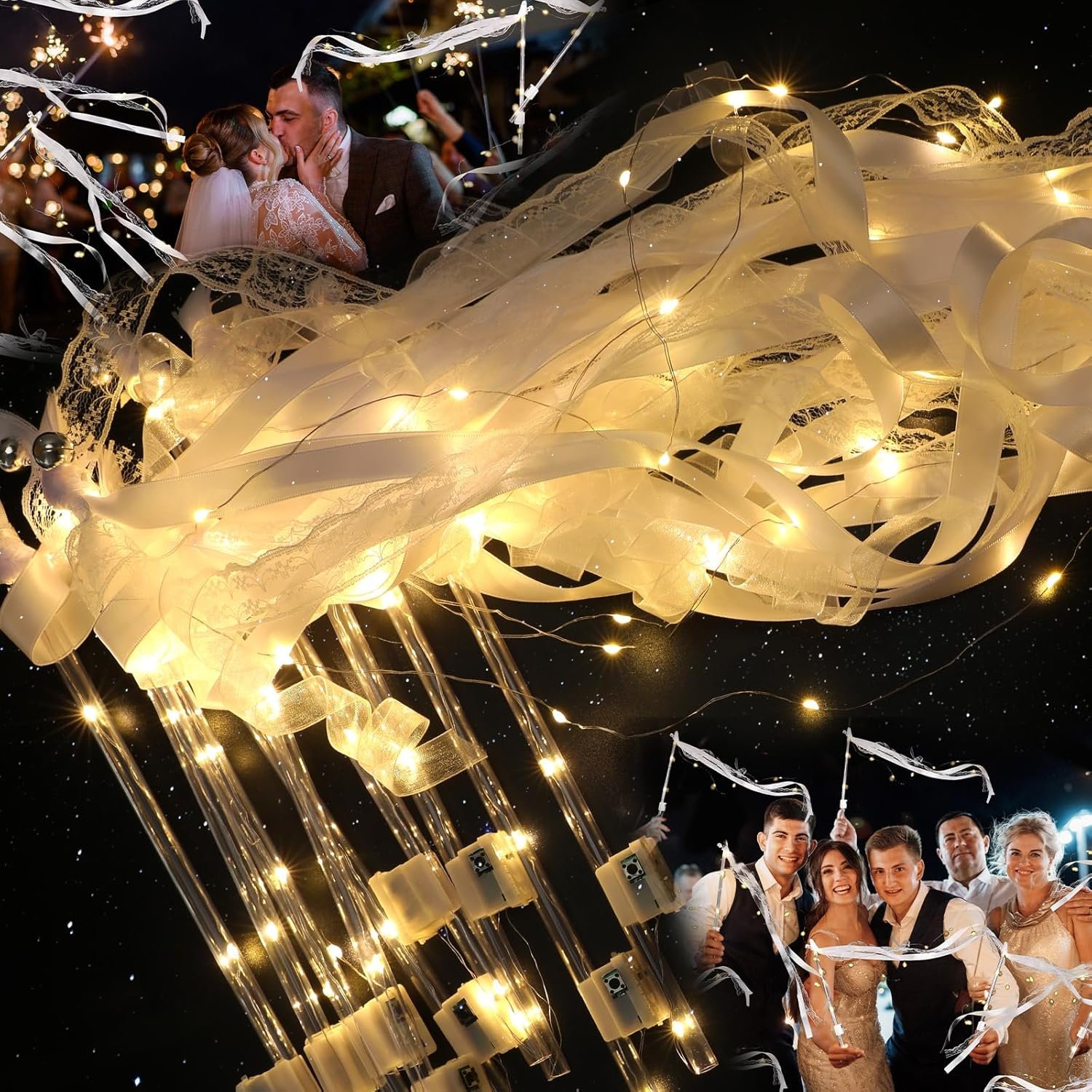 Wholesale 100 PCS LED Light Up Fairy Wedding Wands with 3 Flashing Modes Silk Ribbons Lace Bells for Ceremony Send Off Birthday Christmas Party Favors Supplier