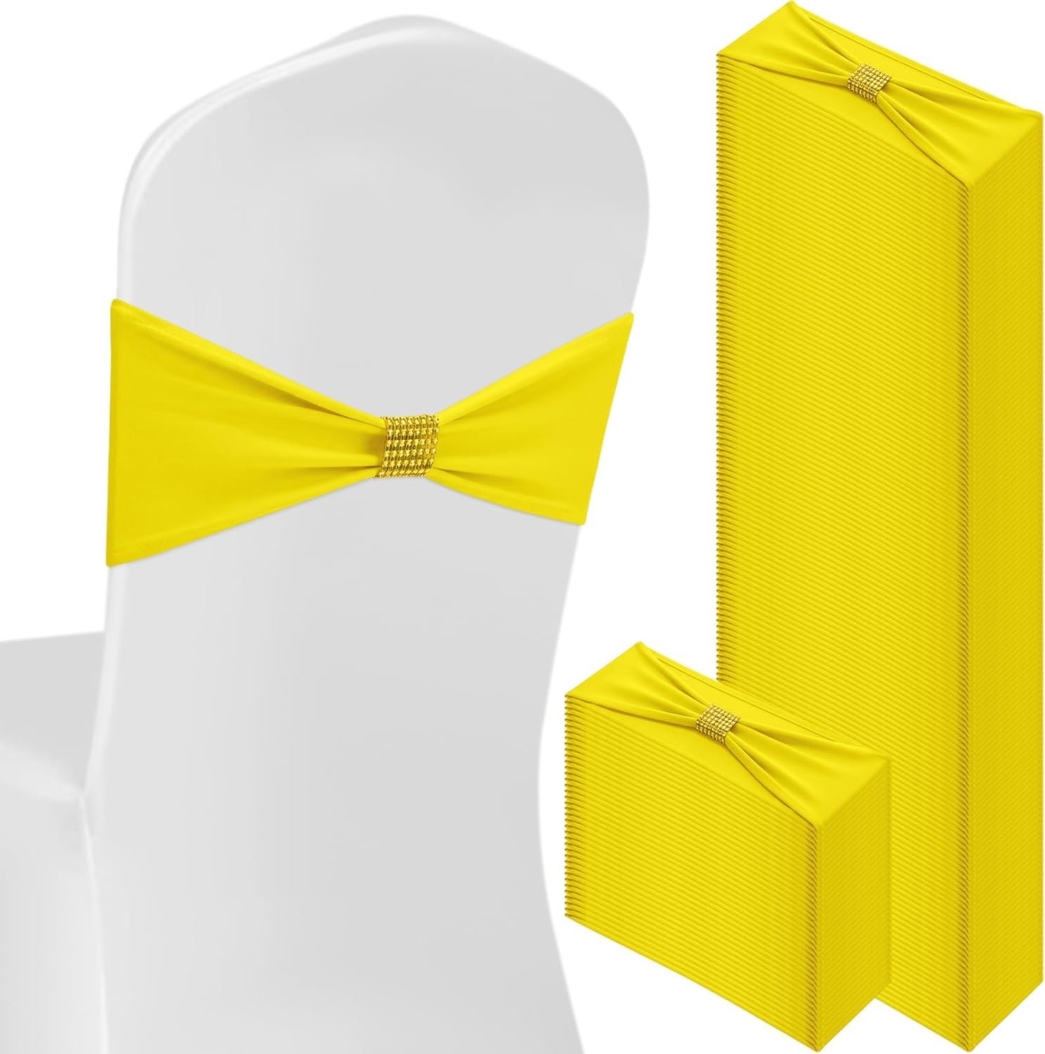 Wholesale 100 Pcs Spandex Chair Sashes Bows with Rhinestone Ring Buckle Slider Elastic Universal Bowknot Ties for Wedding Banquet Ceremony Event Party Decoration Lemon Yellow Supplier