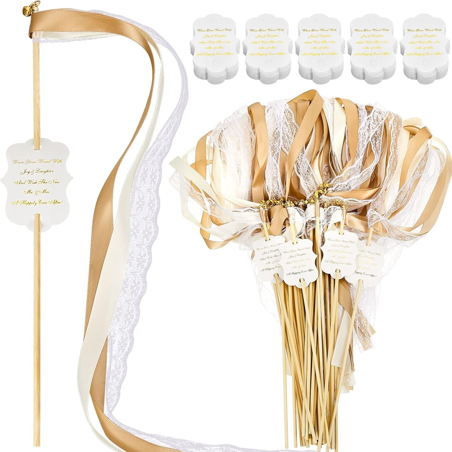 Wholesale 100 Pieces Ribbon Stick Wands with Lace Bells and Wedding Send Off Tags Gold Fairy Wand Streamers for Bridal Shower Parties Holiday Celebrations (Beige Light Brown) Supplier Wholesale 100 Pieces Ribbon Stick Wands with Lace Bells and Wedding Send Off Tags Gold Fairy Wand Streamers for Bridal Shower Parties Holiday Celebrations (Beige Light Brown) Supplier