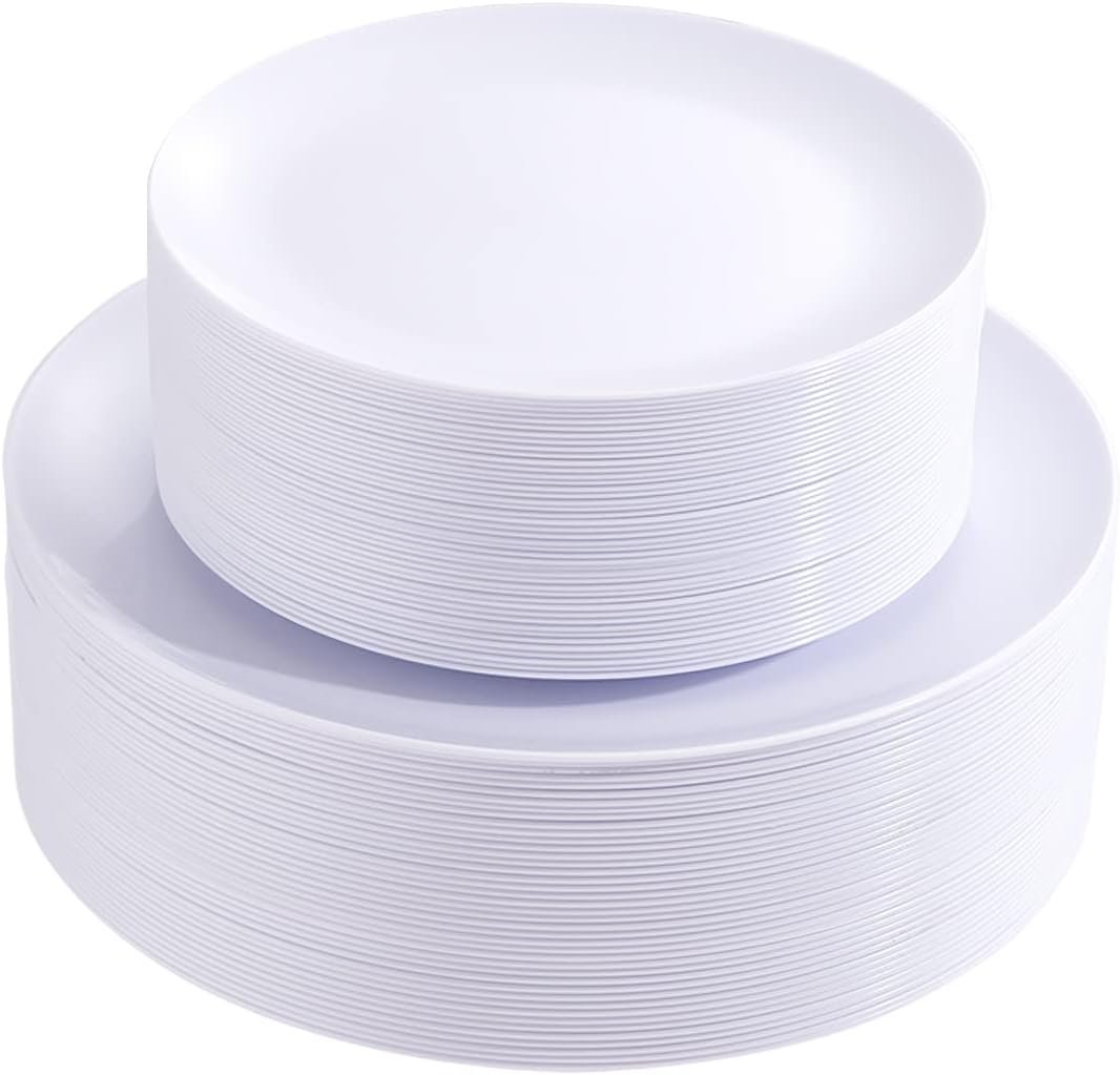 Wholesale 100PCS Heavyweight Disposable White Plastic Plates 50 Dinner and 50 Dessert Salad for Wedding Party Supplier
