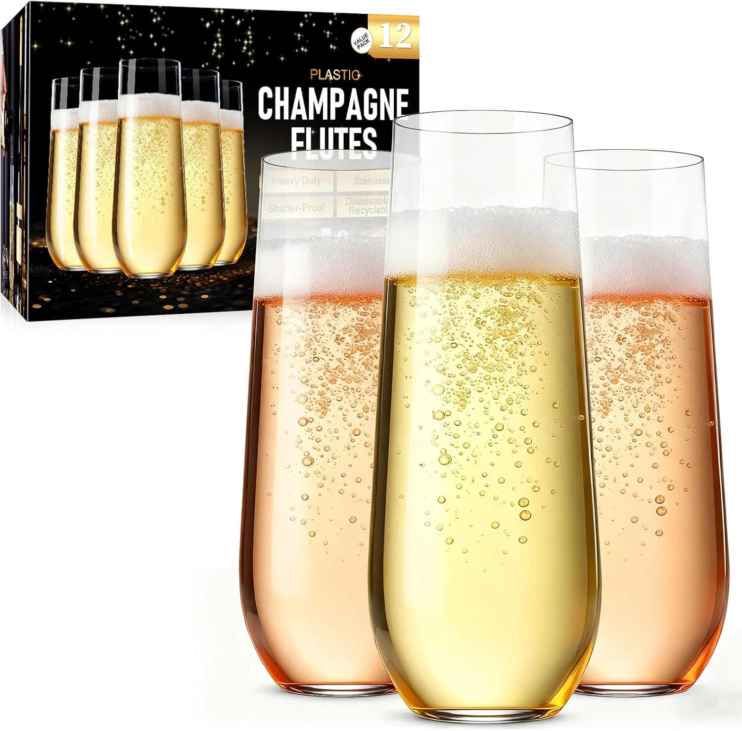 Wholesale 12 Pack 9 oz Stemless Plastic Champagne Flutes Clear Disposable Heavy Duty Shatterproof Recyclable Mimosa Glasses for Party Wine Tasting Wedding New Years Eve Supplies Supplier