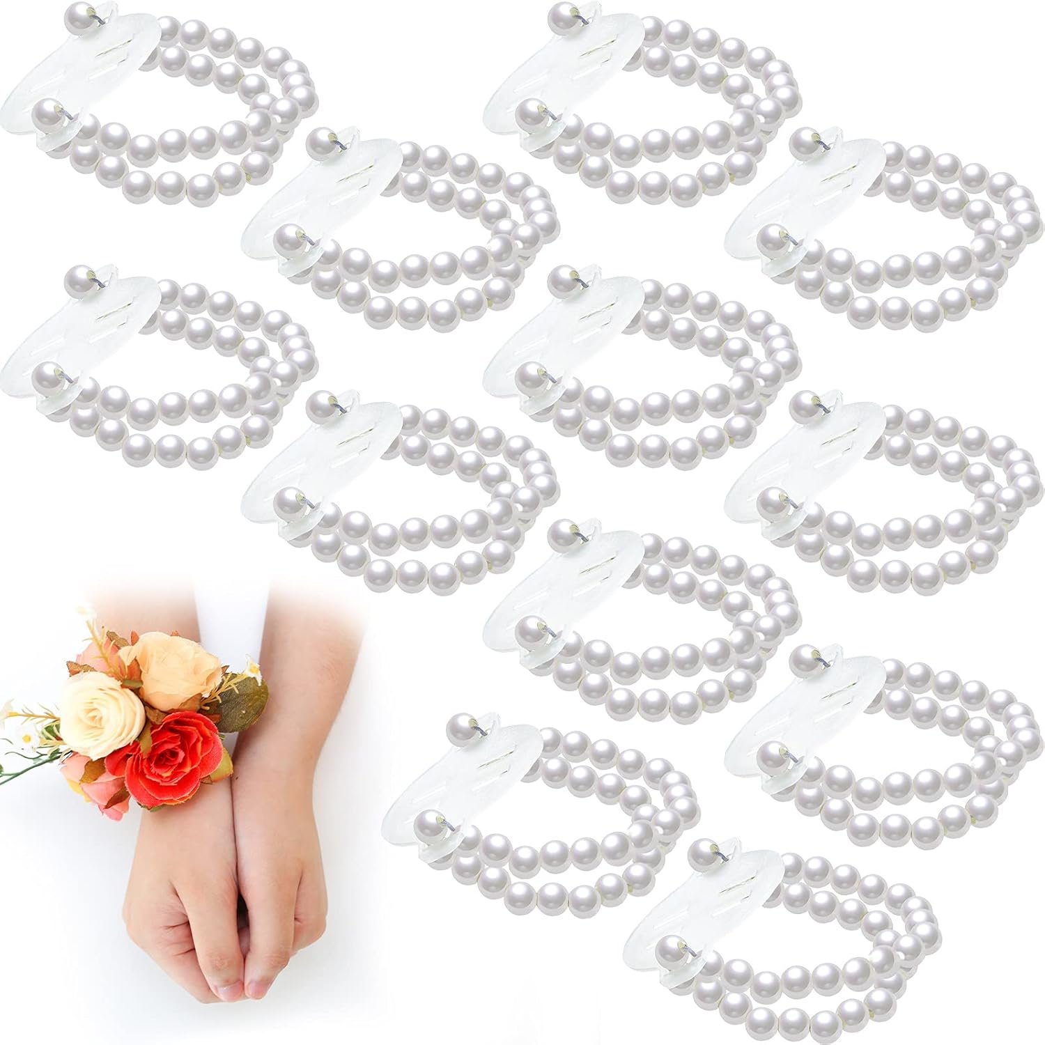 Wholesale 12 Pieces Elastic Pearl Wristband Corsage Bracelets for Wedding Bridesmaid Bride Prom Stretch Pearl Bead Wristlets Supplier