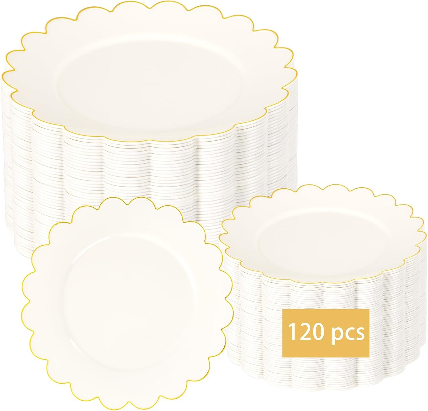 Wholesale 120 Pcs Ivory Scalloped Plastic Plates Disposable Ivory and Gold Fancy Party Dinner Dessert Plates for Wedding Birthday Valentines Day Supplier