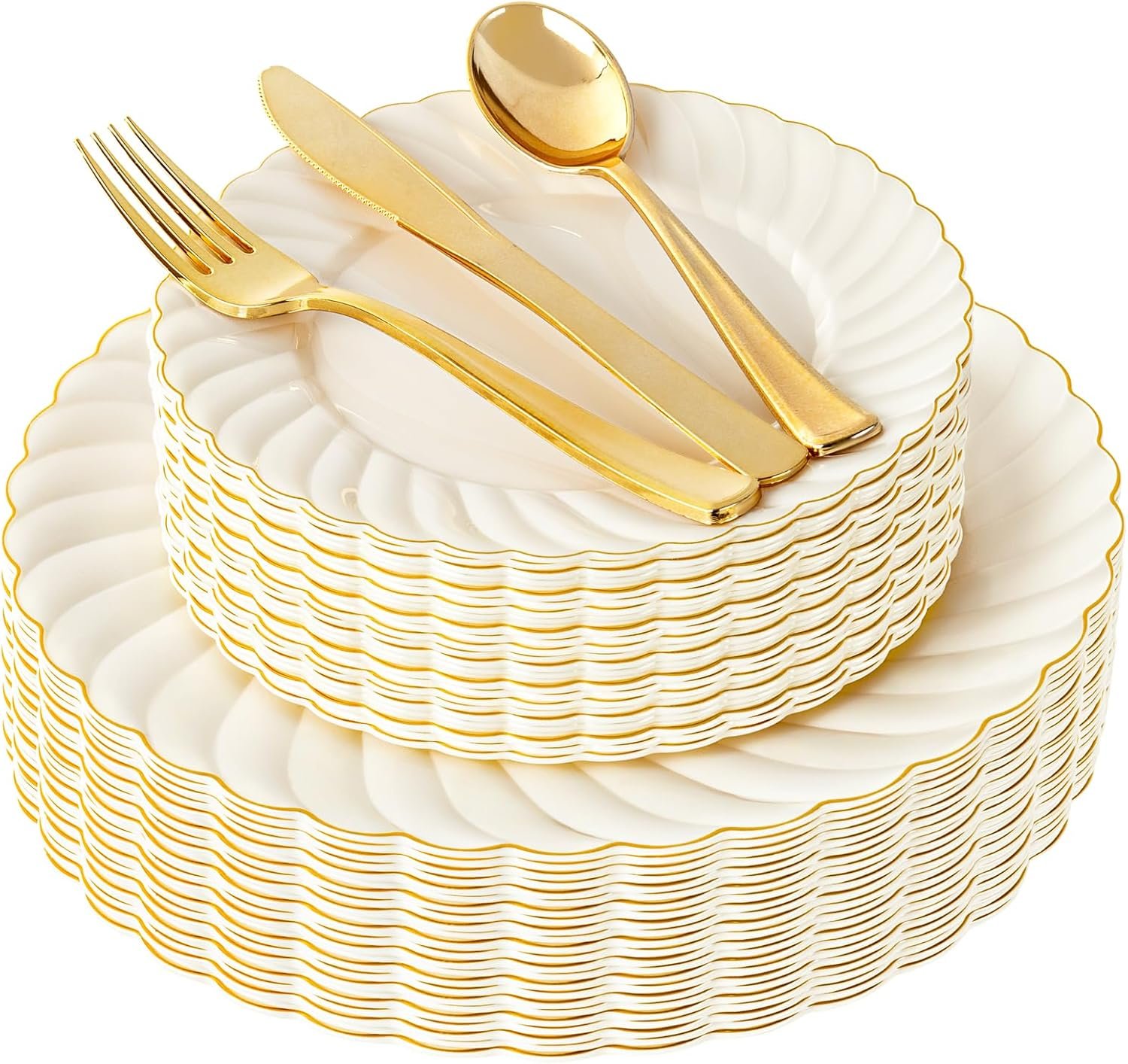 Wholesale 125PCS Ivory Scalloped Disposable Plastic Plates Gold Dinnerware Set 50 Plates 75 Gold Silverware Party Wedding Supplier