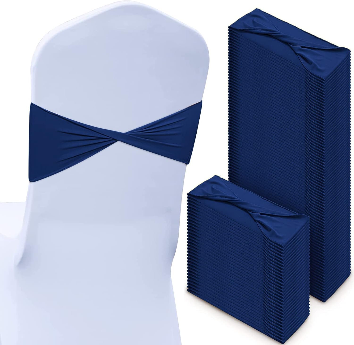 Wholesale 150 Pcs Spandex Chair Sashes Bows Stretch Elastic Bands Ties Sliders Without Buckle Wedding Party Events Decor Navy Blue Supplier