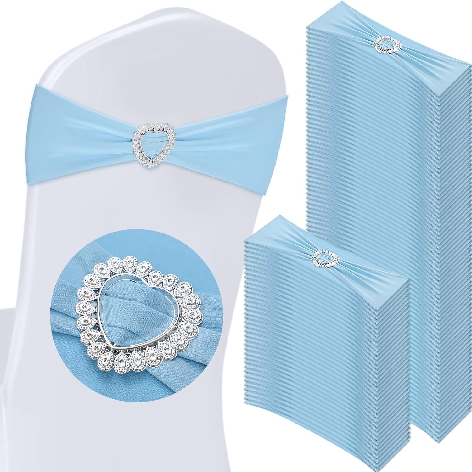 Wholesale 150 Pcs Spandex Chair Sashes Bows with Heart Shaped Buckle Universal Elastic Ties for Wedding Banquet Event Party Decoration Sky Blue Supplier Wholesale 150 Pcs Spandex Chair Sashes Bows with Heart Shaped Buckle Universal Elastic Ties for Wedding Banquet Event Party Decoration Sky Blue Supplier