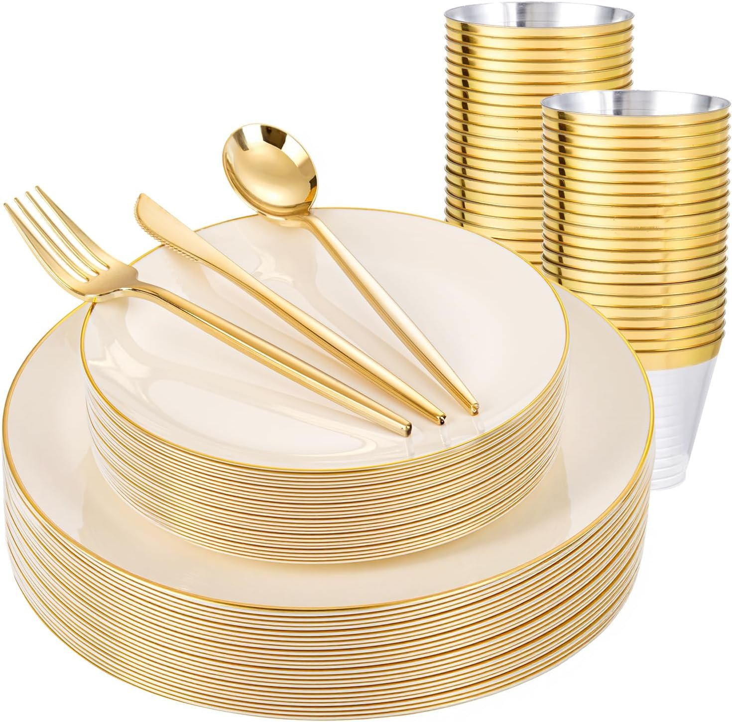 Wholesale 150PCS Ivory Plastic Plates Gold Trim Heavy Duty Disposable Party Wedding Set 25 Each Dinner Dessert Plates Knives Forks Spoons Cups Supplier Wholesale 150PCS Ivory Plastic Plates Gold Trim Heavy Duty Disposable Party Wedding Set 25 Each Dinner Dessert Plates Knives Forks Spoons Cups Supplier