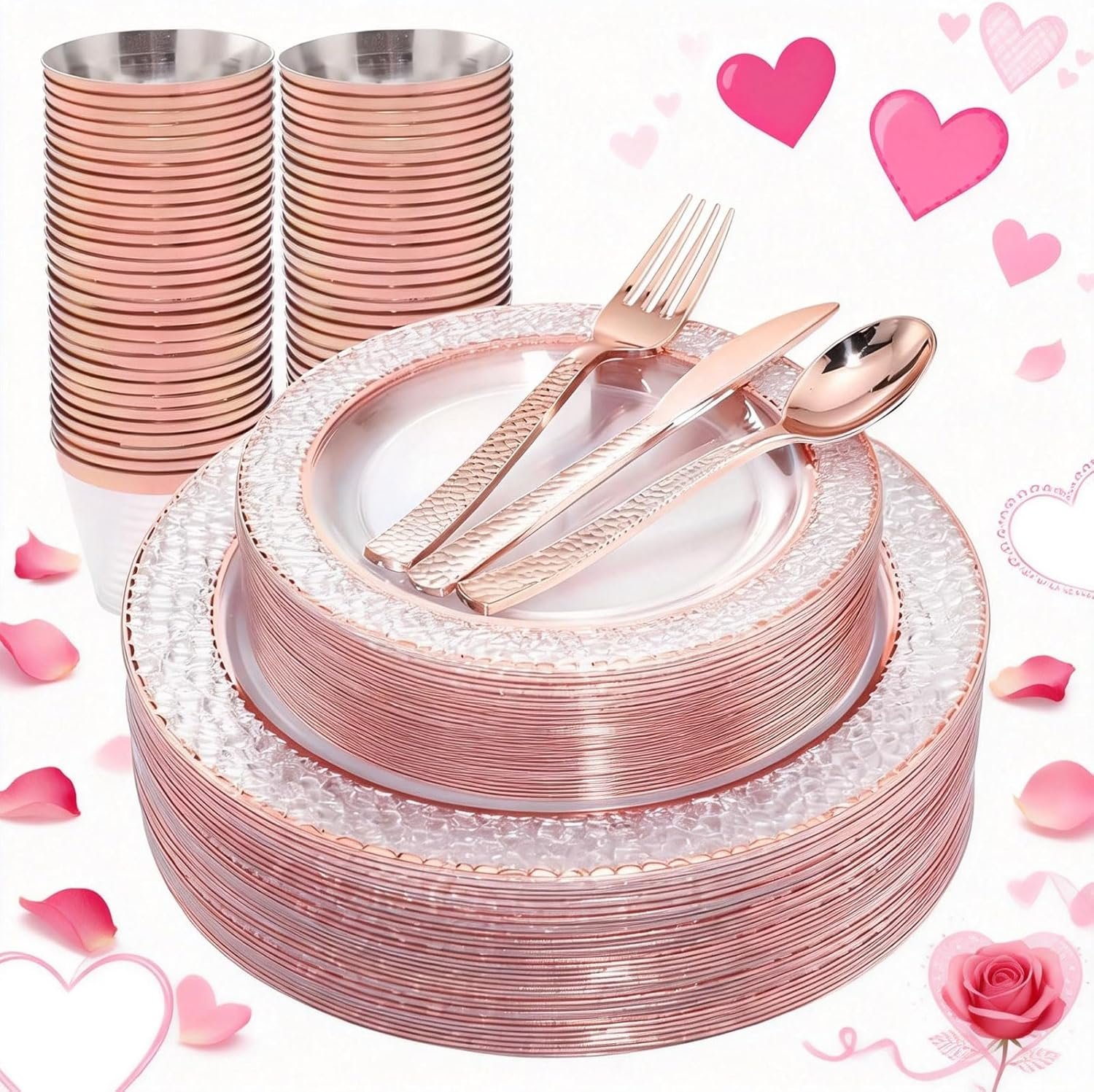 Wholesale 150PCS Rose Gold Disposable Plastic Plates and Silverware Set Includes 50 Plates 25 Forks 25 Knives 25 Spoons 25 Cups for Weddings Parties Supplier