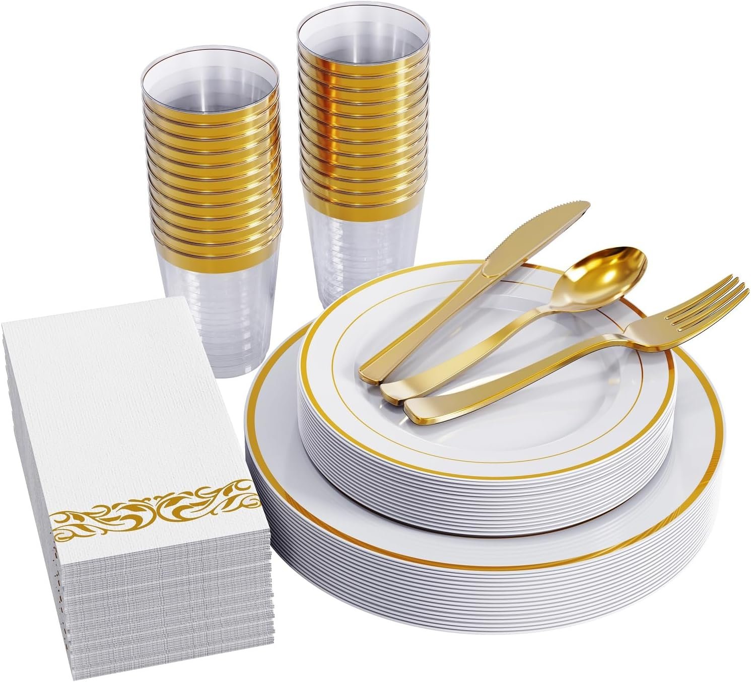 Wholesale 175 Count Gold Rimmed White Disposable Plastic Dinnerware Set for 25 Guests Heavy Duty Includes 25 Dinner Salad Plates Cups Cutlery for Wedding Parties Supplier