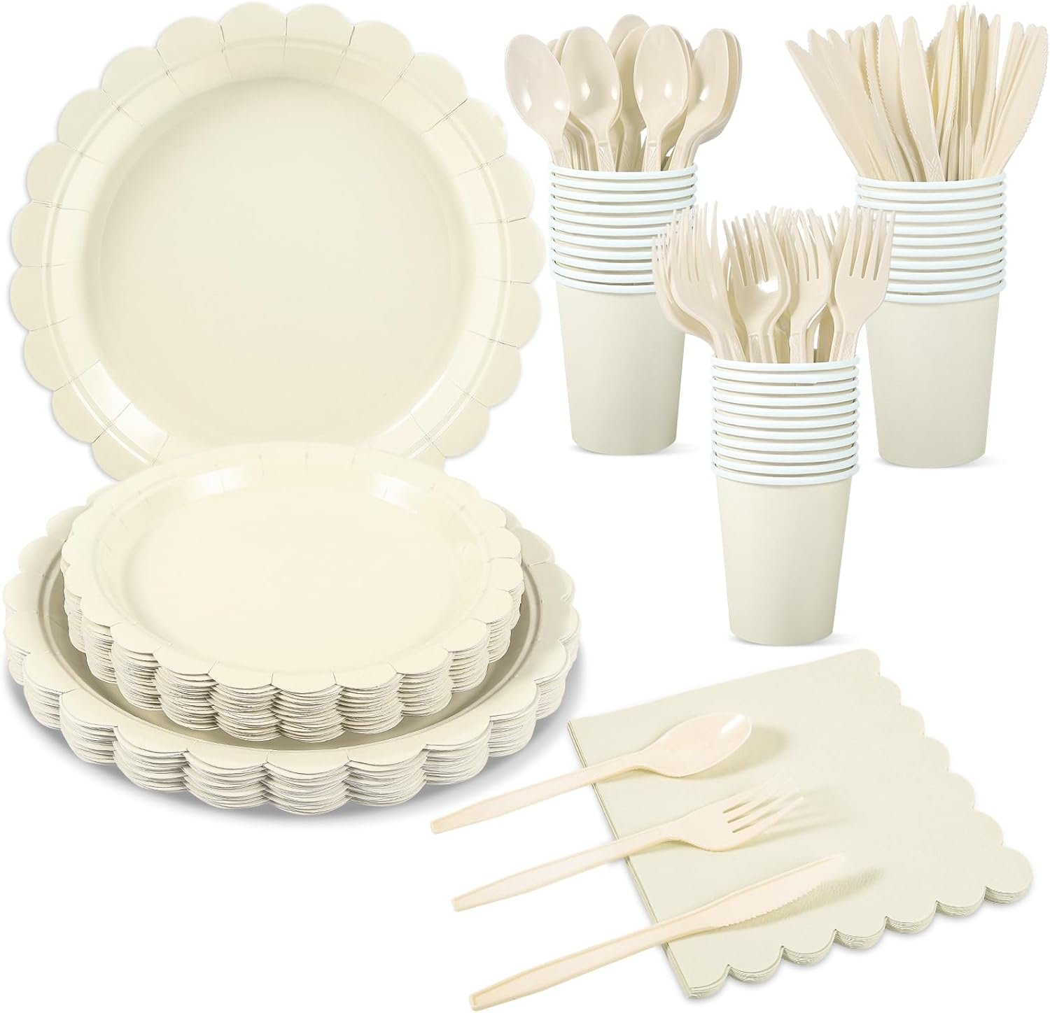 Wholesale 175 Pcs Ivory Paper Plates Napkins Beige Scalloped Cream Plates Cups Plastic Cutlery Party Supplies for Wedding Bridal Baby Shower Birthday Supplier Wholesale 175 Pcs Ivory Paper Plates Napkins Beige Scalloped Cream Plates Cups Plastic Cutlery Party Supplies for Wedding Bridal Baby Shower Birthday Supplier