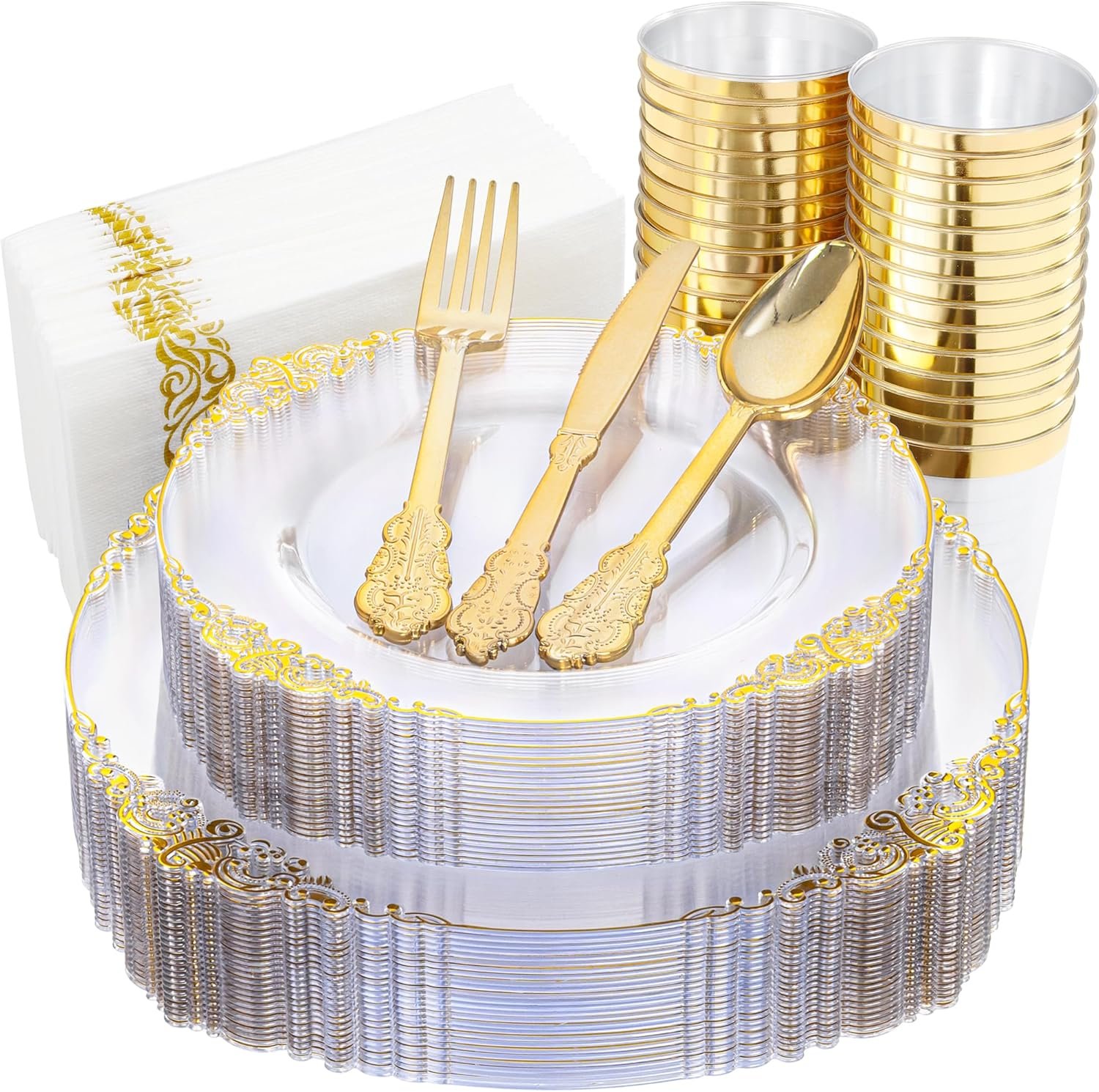 Wholesale 175PCS Clear Gold Plastic Plates Gold Disposable Dinnerware Set for 25 Guests with 50 Plates 75 Silverware 25 Cups 25 Napkins for Weddings Parties Thanksgiving Supplier Wholesale 175PCS Clear Gold Plastic Plates Gold Disposable Dinnerware Set for 25 Guests with 50 Plates 75 Silverware 25 Cups 25 Napkins for Weddings Parties Thanksgiving Supplier