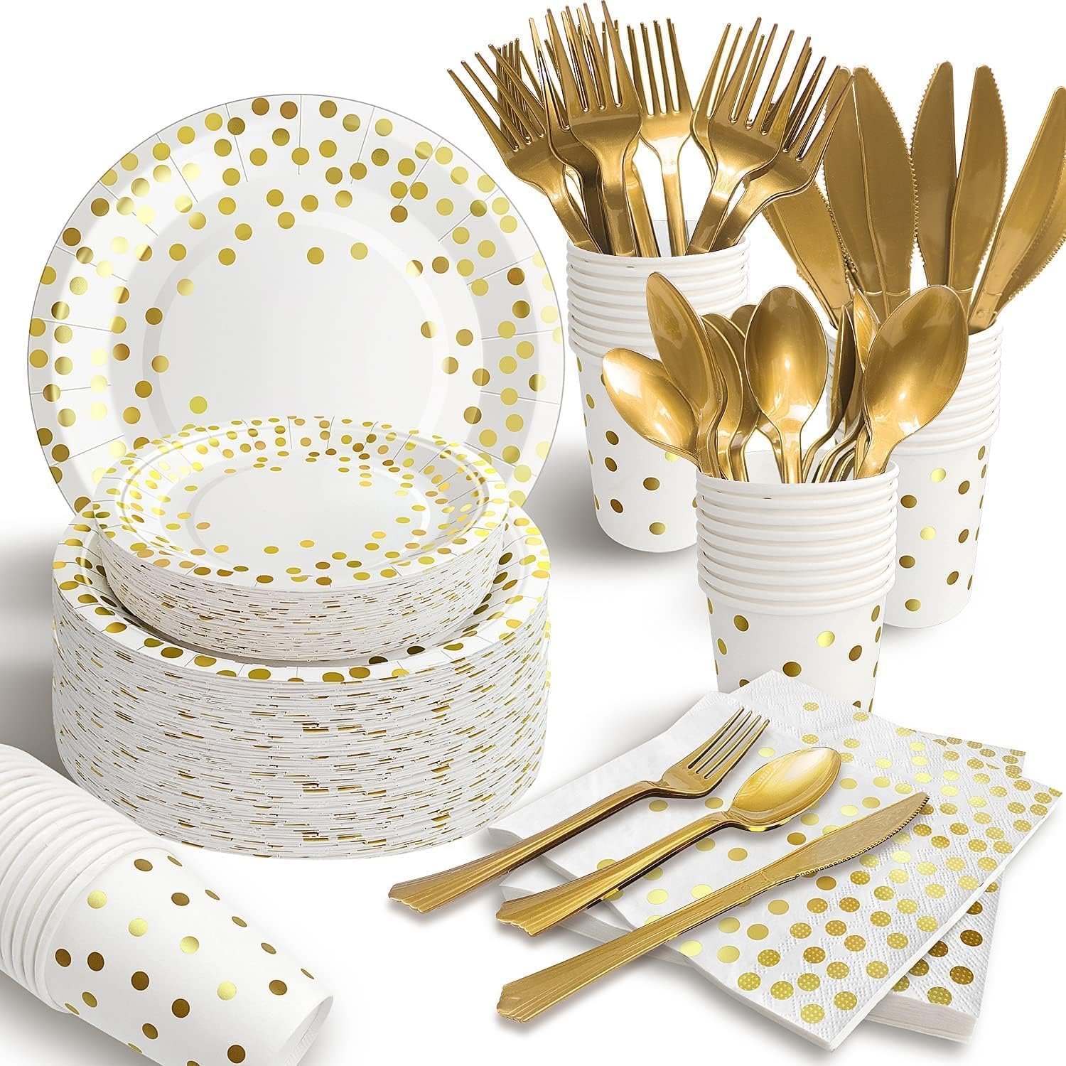 Wholesale 175PCS White and Gold Paper Plates Party Supplies for 25 Guests Disposable Dinnerware Golden Dot Plates Napkins Cups Plastic Forks Knives Spoons for Wedding Birthday Supplier
