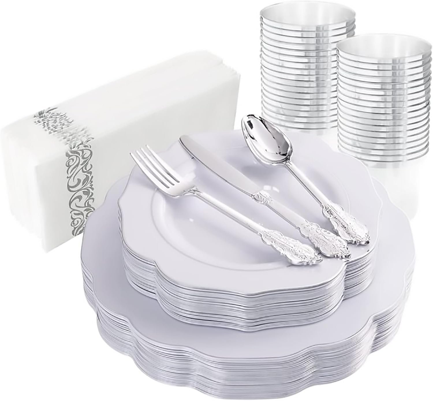 Wholesale 175pcs Silver Rim Plastic Plates Tableware Set 25 Dinner Dessert Plates 25 Forks 25 Knives 25 Spoons for Wedding Party Supplier