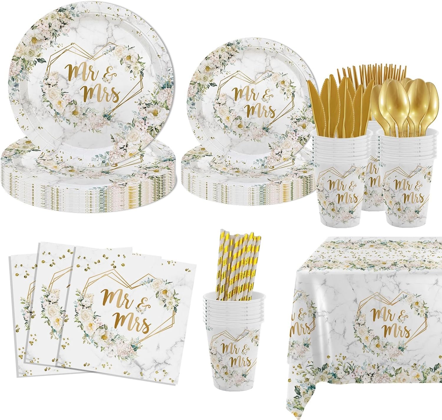 Wholesale 193 pcs White Wedding Party Decorations Mr and Mrs Paper Plates Cups and Napkins Set Floral Disposable Dinnerware with Tablecloth Bridal Shower Party Supplies for 24 Guests Supplier