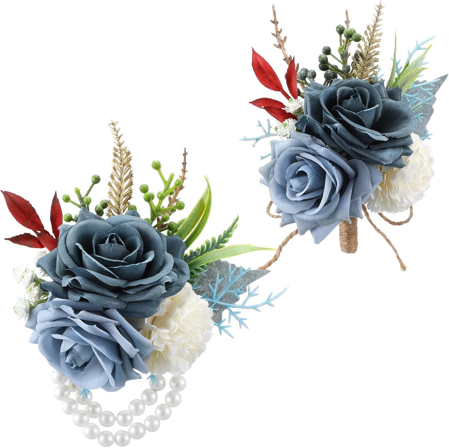 Wholesale 2 Pcs Dusty Corsage and Boutonniere Set for Men Wrist Bracelets Boutonnieres Wedding Prom Suit Flower Accessories in Blue Supplier Wholesale 2 Pcs Dusty Corsage and Boutonniere Set for Men Wrist Bracelets Boutonnieres Wedding Prom Suit Flower Accessories in Blue Supplier