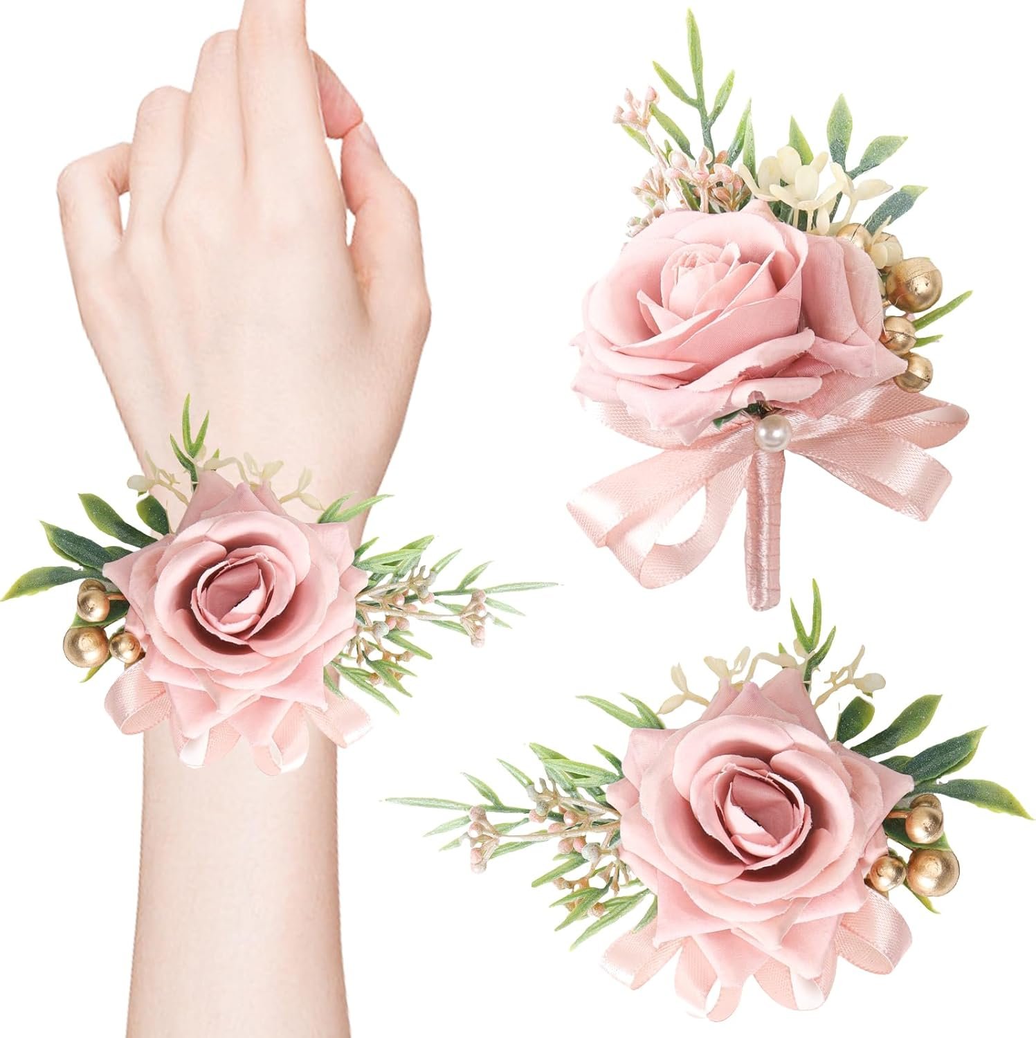 Wholesale 2 Pcs Pink Rose Artificial Flower Corsage and Boutonniere Set for Wedding Prom Party Accessories Supplier