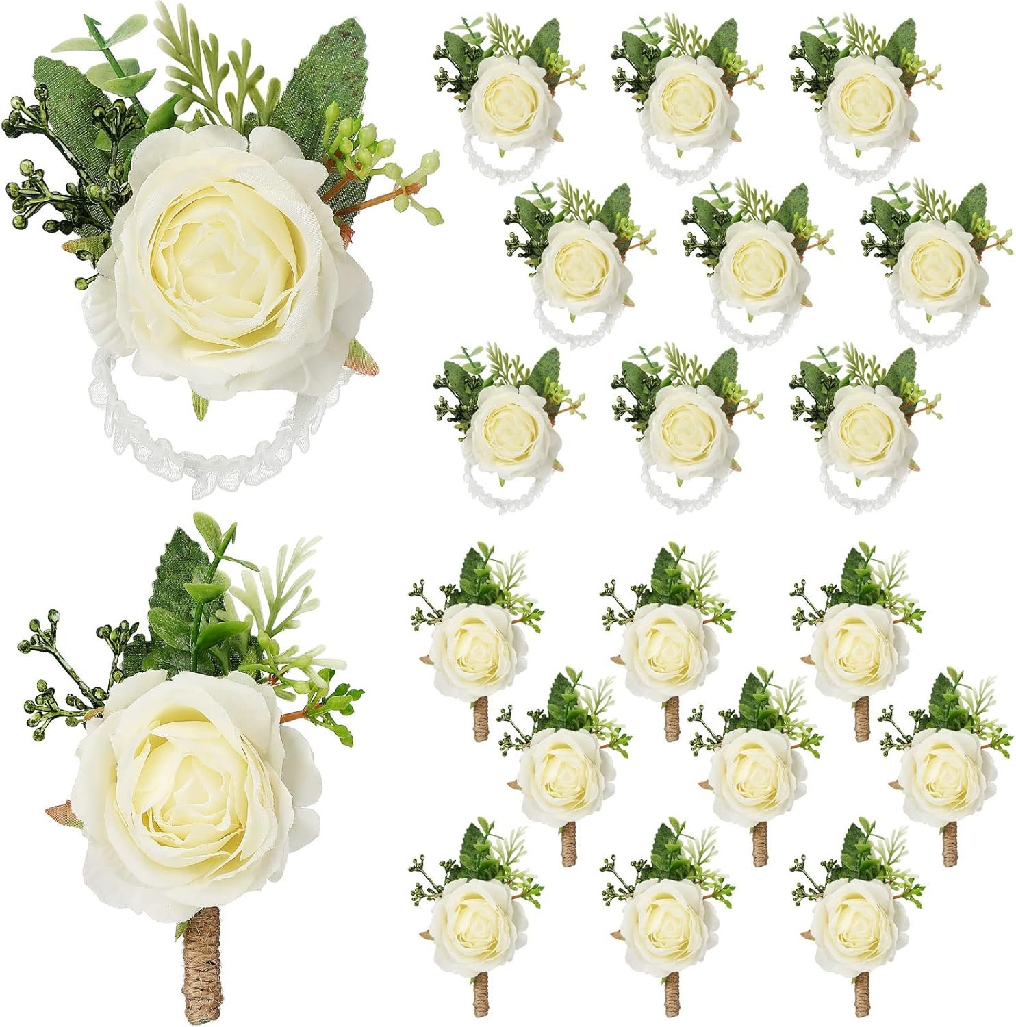 Wholesale 20 Pcs Rose Wrist Corsage and Boutonniere Set Wristlet Band Bracelet for Bridegroom Wedding Prom Party Bouquets (White) Supplier