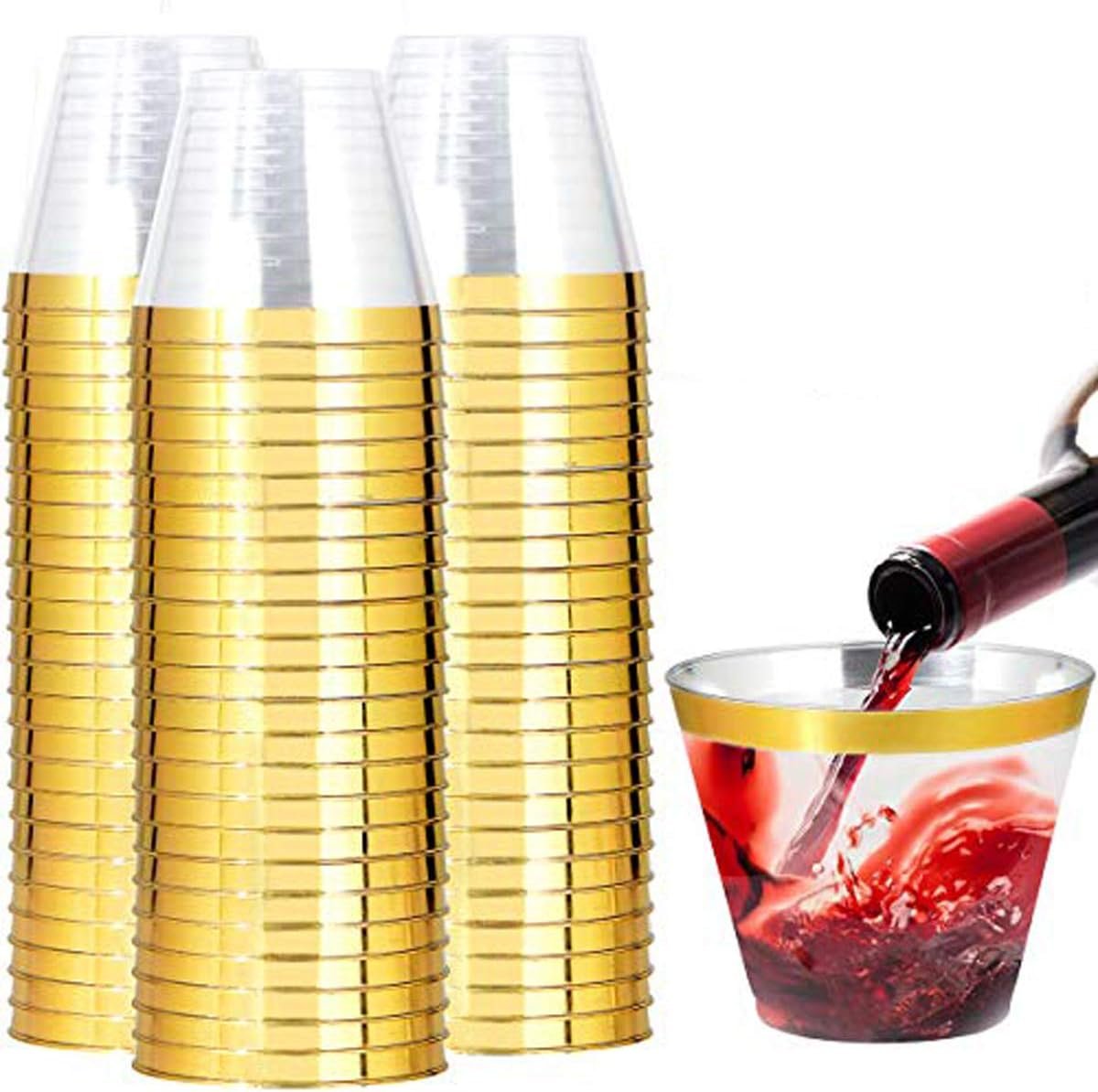 Wholesale 200 Pack 9 Oz Gold Rimmed Clear Plastic Cups Elegant Disposable Wine Glasses Fancy Party Tumblers Cocktail Drinking Glasses for Weddings Supplier