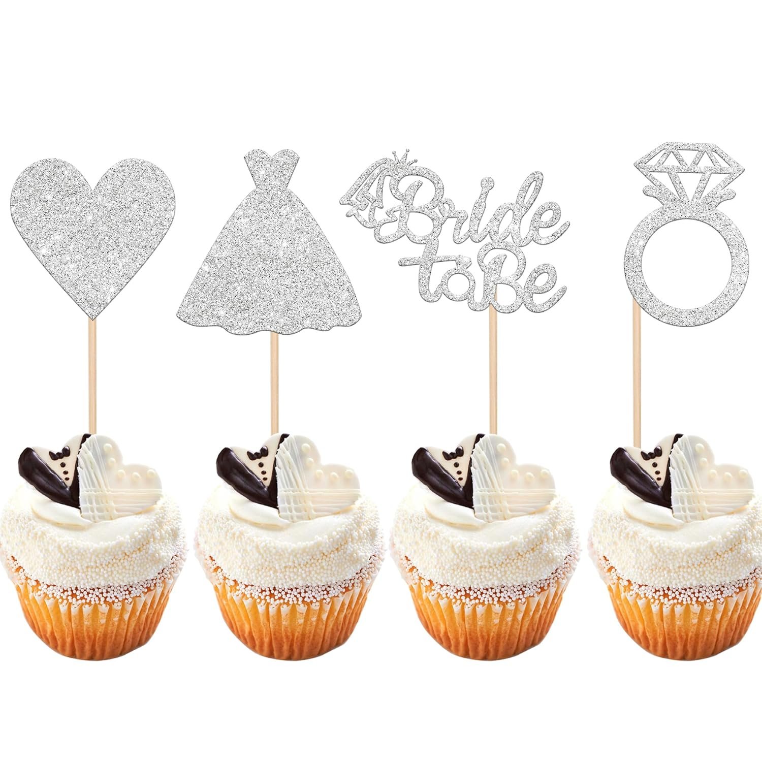 Wholesale 24 PCS Bride to Be Cupcake Toppers Heart Ring Dress Bridal Shower Picks Wedding Engagement Bachelorette Party Silver Decorations Supplier