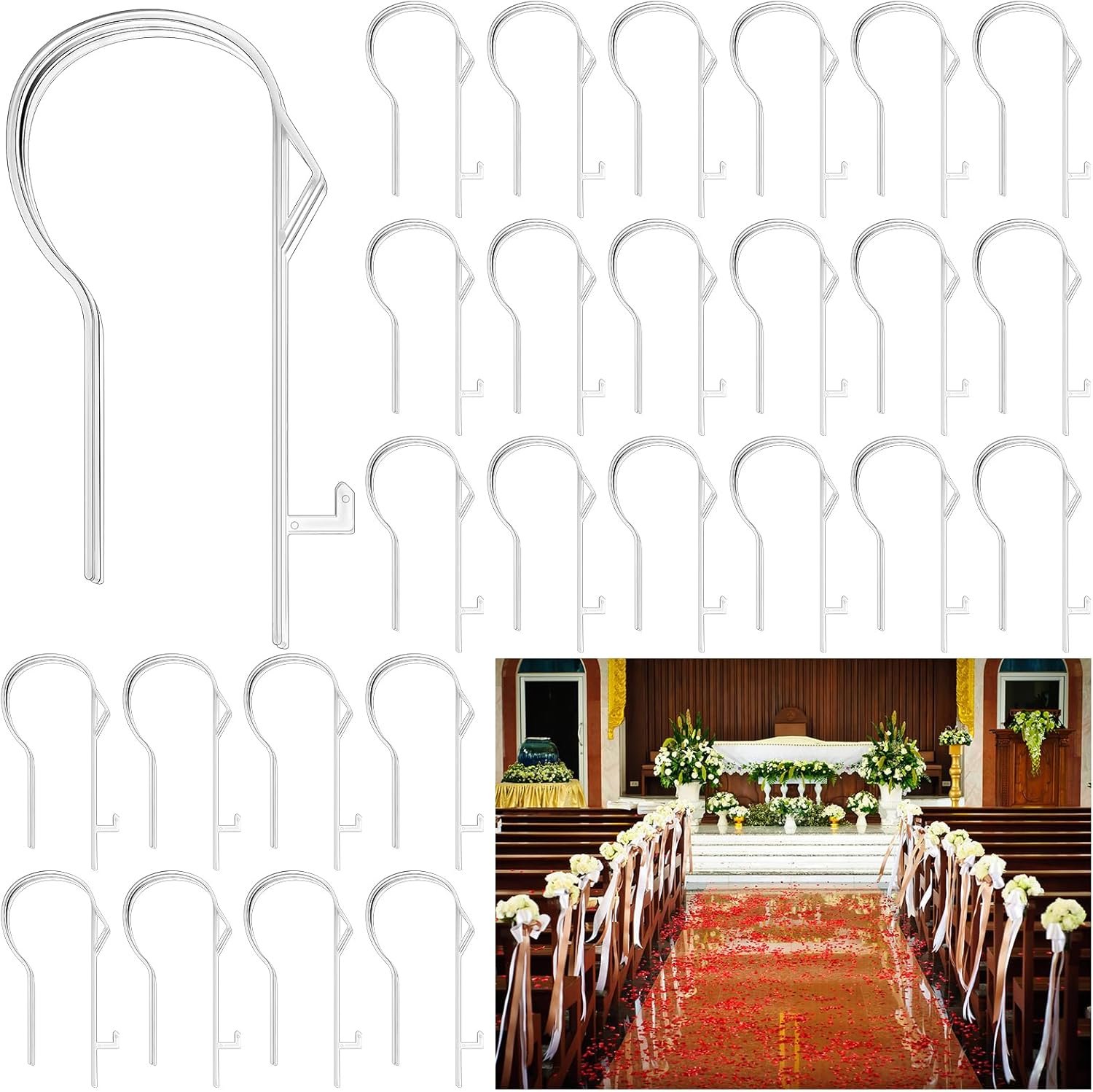 Wholesale 24 Pcs Heavy Duty Clear Plastic Pew Clips Hooks for Wedding Church Aisle Chair Wreath Flower Bow Garland Decorations Supplier
