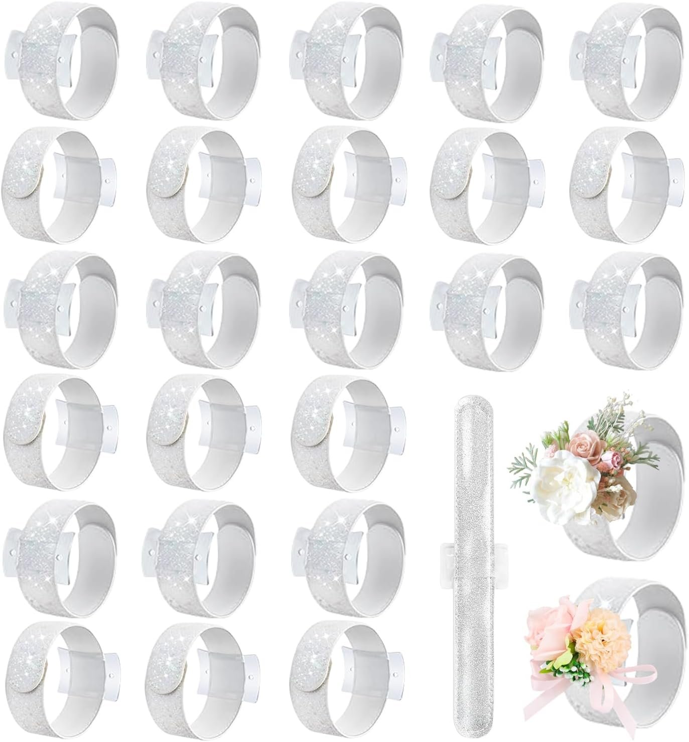 Wholesale 24 Pcs Silver Floral Wrist Corsage Bands Bracelets DIY Accessories for Wedding Prom Ceremony Anniversary Bridal Shower Beach Party Supplier