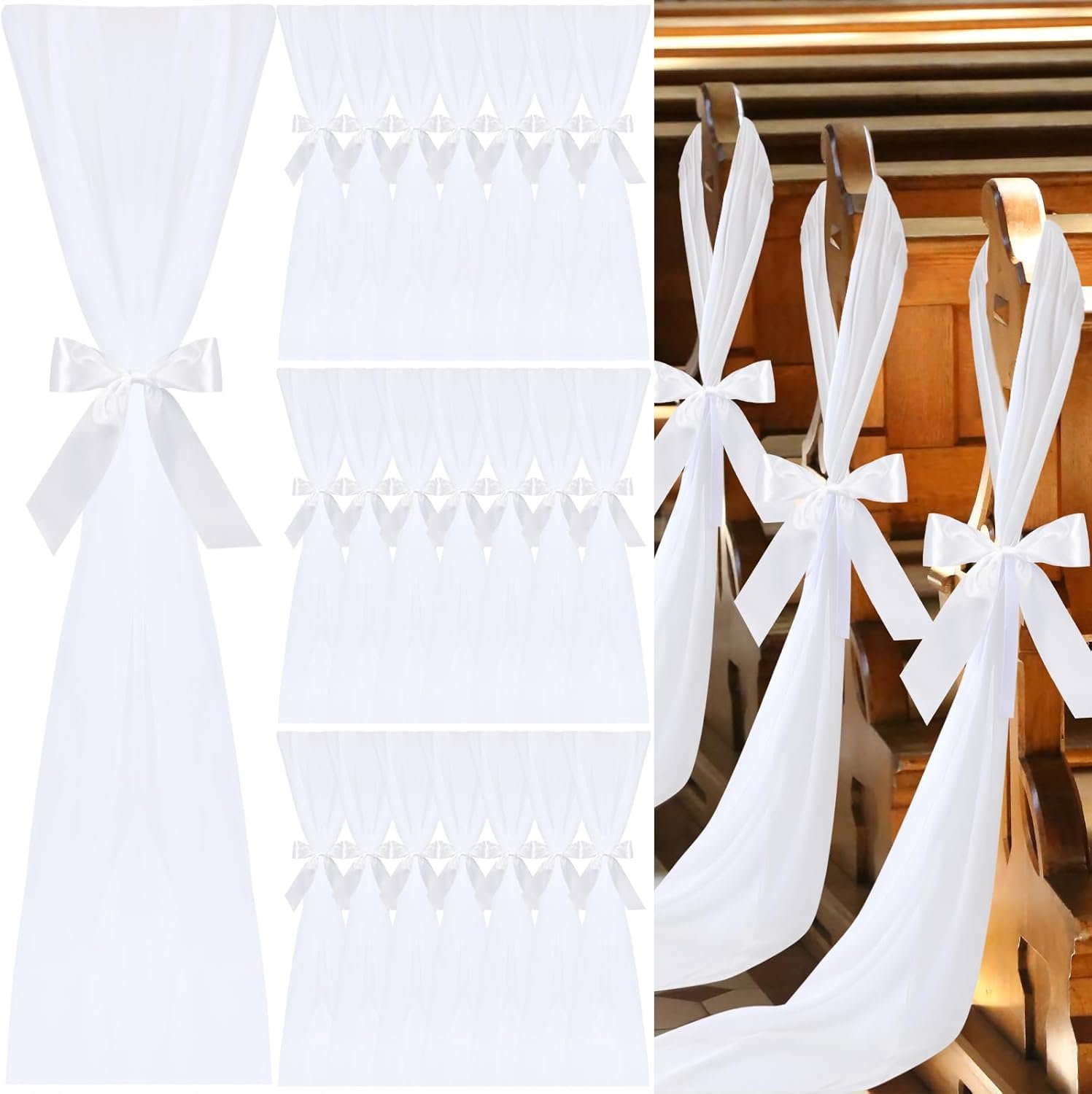 Wholesale 24 Set Bulk White Chiffon Chair Sashes with Ribbons Tulle for Wedding Aisle Pew Decorations Ceremony Party Church Flower Arrangements Supplier