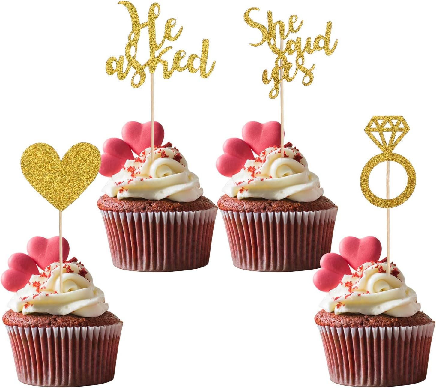 Wholesale 24PCS He Asked She Said Yes Wedding Cupcake Toppers Engagement Party Decorations Diamond Ring Heart Love Cake Picks Supplier