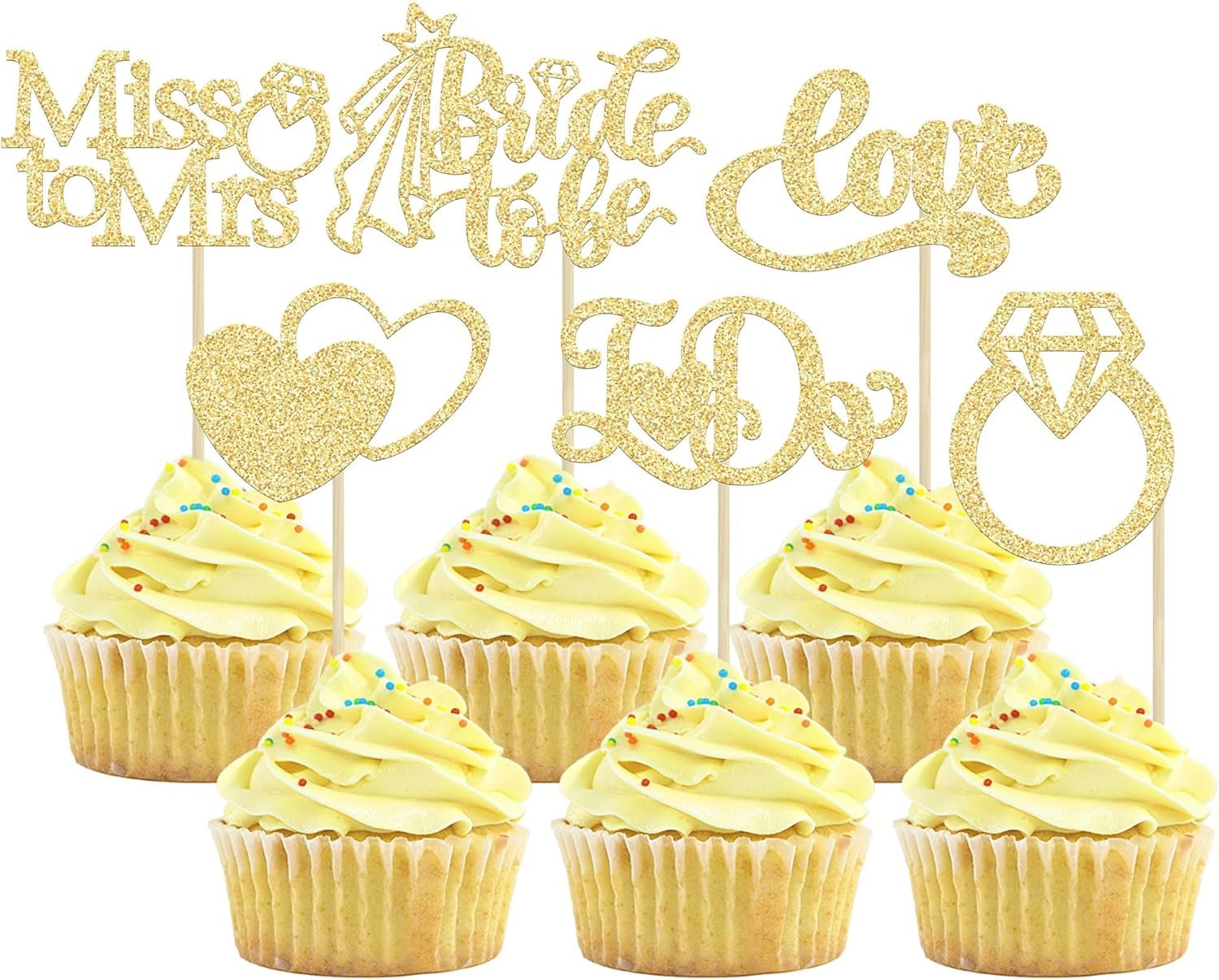 Wholesale 24Pcs Gold Glitter Bride to Be Cupcake Toppers I Do Love Heart Ring Miss to Mrs Picks Bridal Shower Wedding Engagement Bachelorette Party Supplies Supplier