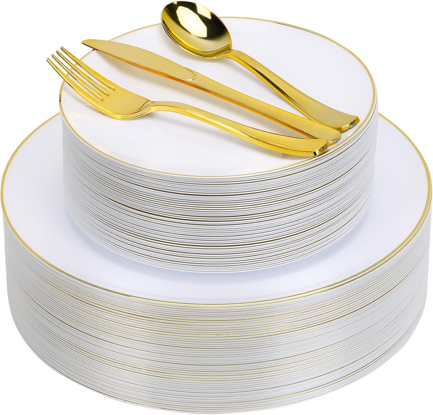 Wholesale 250PCS Gold Disposable Dinnerware Set White and Gold Plastic Party Plates for 50 Guests Includes 50 Dinner Plates 50 Dessert Plates 150 Gold Cutlery for Weddings and Parties Supplier