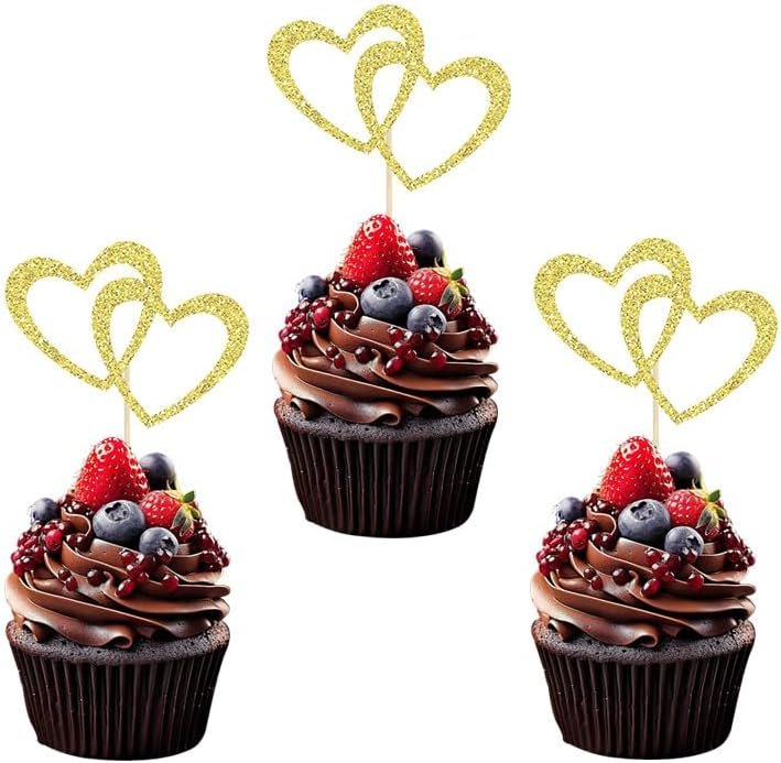 Wholesale 28Pcs Gold Love Heart Cupcake Toppers for Wedding Engagement Bridal Baby Shower Birthday Themed Parties Supplier