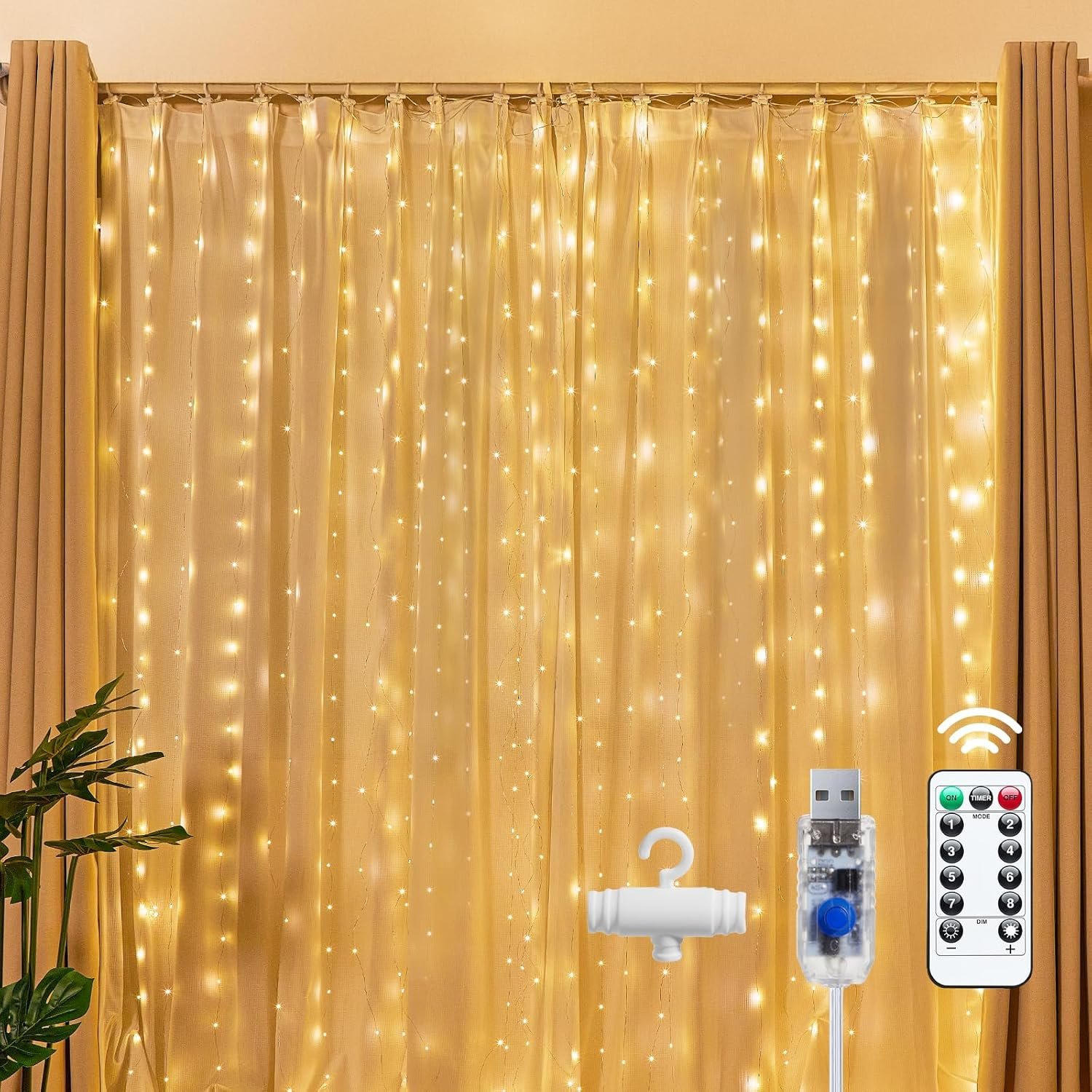 Wholesale 300 LED Fairy Curtain Lights 9.8ft x 9.8ft Warm White USB Plug-in 8 Modes Hanging String Lights with Remote for Christmas Bedroom Indoor Weddings Dorm Supplier
