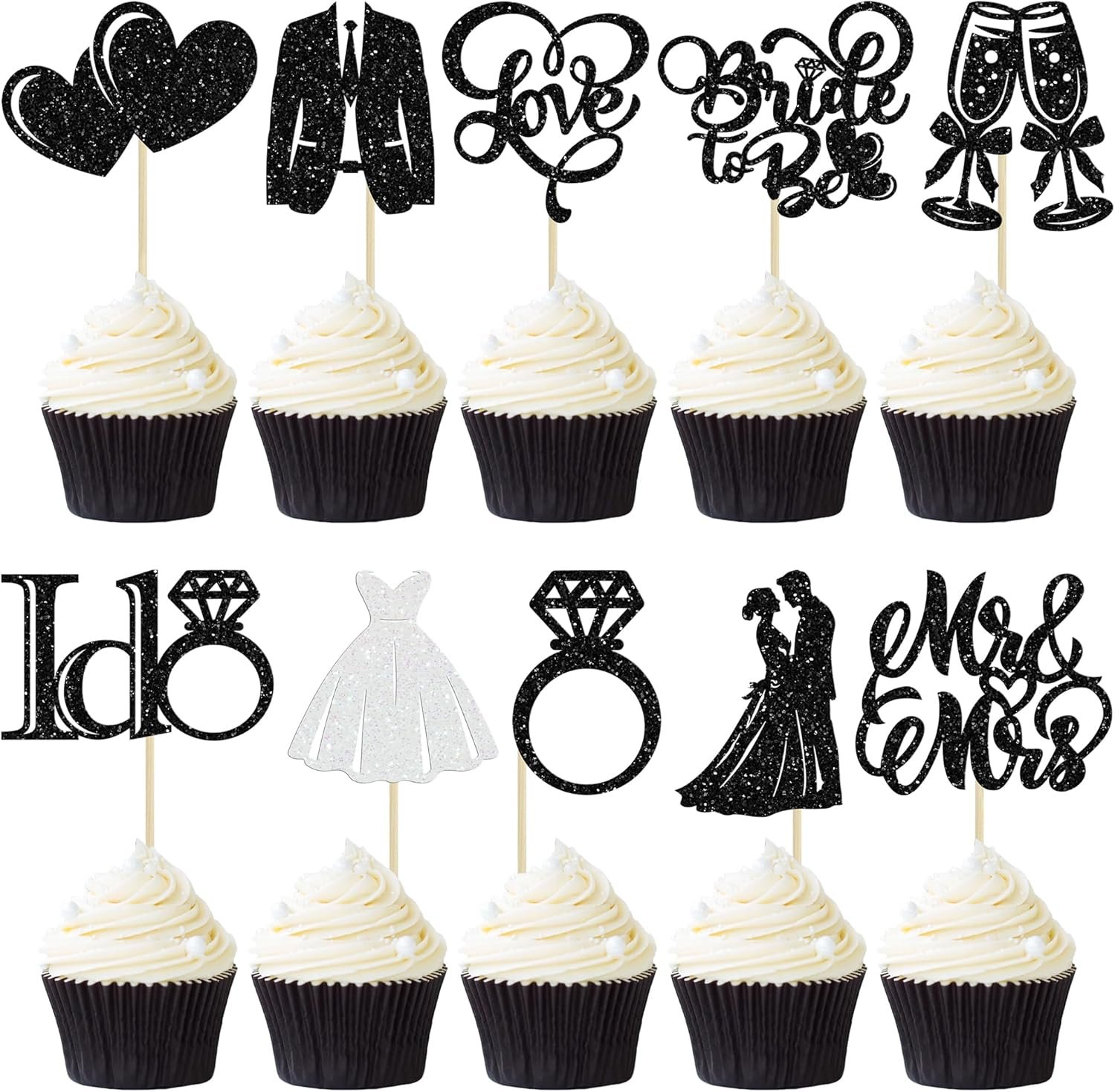 Wholesale 30Pcs Glitter Diamond Ring Bride to Be Cupcake Toppers I Do Love Miss to Mrs Picks Bridal Shower Wedding Engagement Bachelorette Cake Decoration Black Supplier