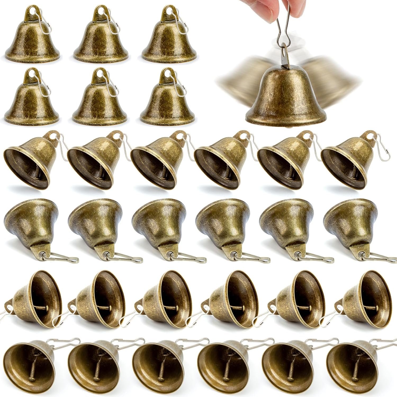 Wholesale 34PCS Small Brass Craft Bells with Spring Hooks for Homes Wedding Party Decorations Keychains Hanging Wind Chimes 1.7