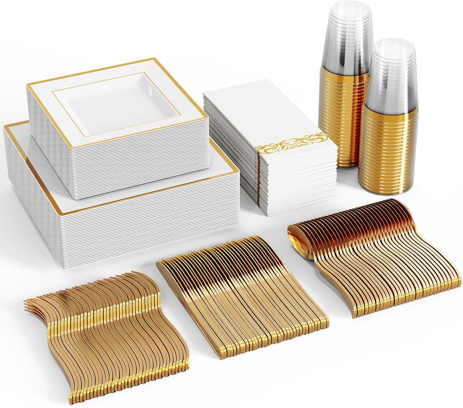 Wholesale 350 Ct Disposable Dinnerware Set for 50 Guests Heavy Duty Square Plastic Plates with Gold Rim Includes 50 Dinner and Salad Plates Cups Napkins Cutlery Supplier Wholesale 350 Ct Disposable Dinnerware Set for 50 Guests Heavy Duty Square Plastic Plates with Gold Rim Includes 50 Dinner and Salad Plates Cups Napkins Cutlery Supplier