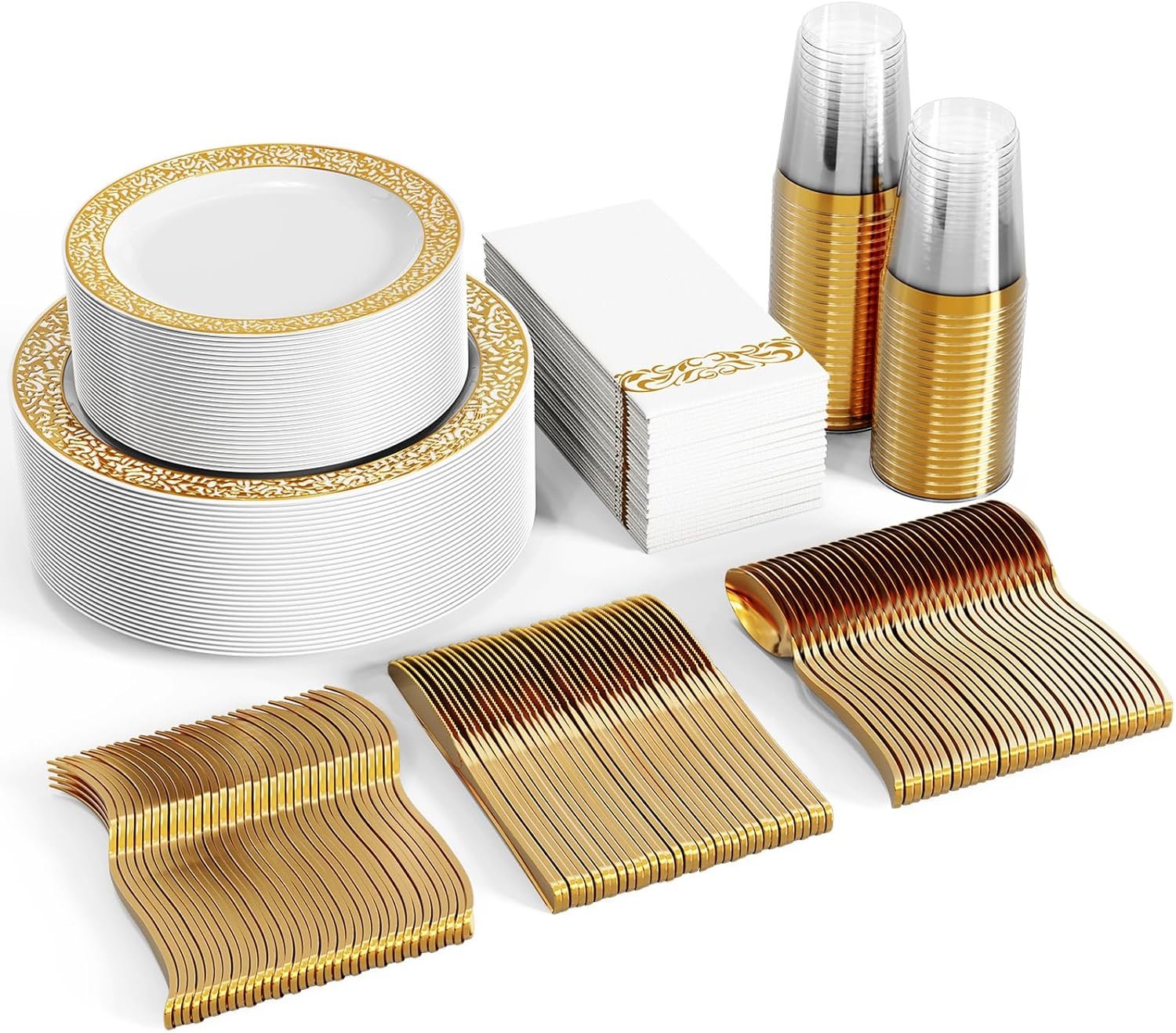 Wholesale 350 Ct Gold Lace Plastic Disposable Dinnerware Set for 50 Guests Including 50 Dinner Dessert Plates Cups Napkins Cutlery Supplier