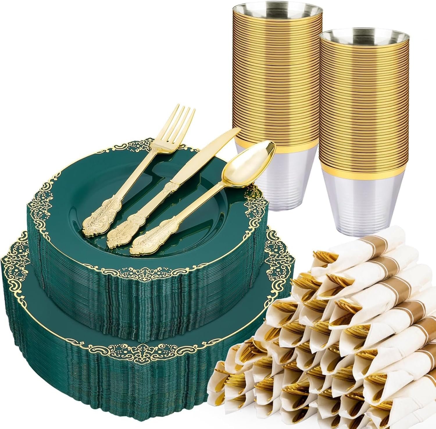 Wholesale 350 PCS Green and Gold Plastic Dinnerware Set for 50 Guests with 100 Disposable Plates 150 Silverware 50 Cups 50 Napkins for Parties Weddings Graduations Supplier