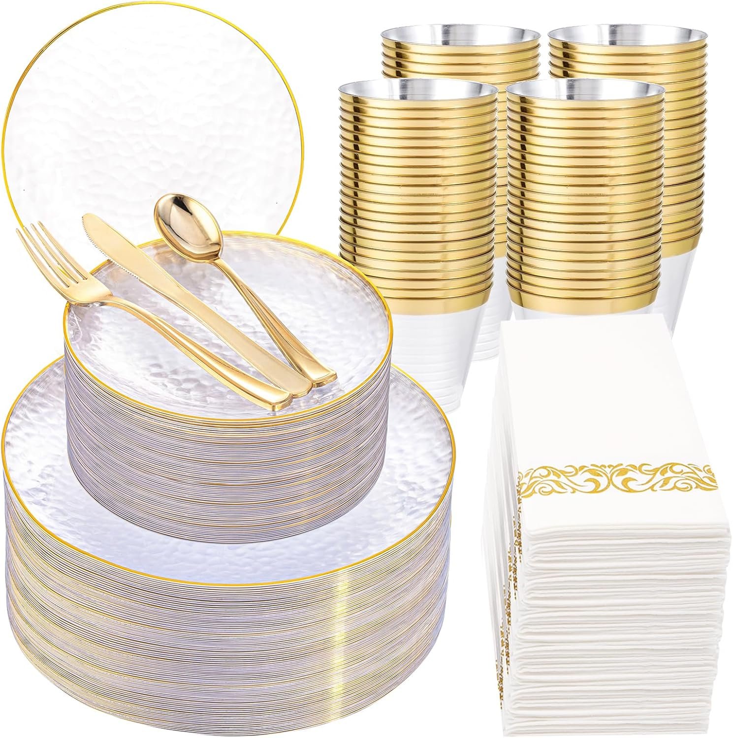 Wholesale 350 Pcs Clear Gold Plastic Plates Hammered Disposable Dinnerware Set Includes 100 Plates 150 Gold Silverware 50 Cups 50 Napkins for Party Supplier Wholesale 350 Pcs Clear Gold Plastic Plates Hammered Disposable Dinnerware Set Includes 100 Plates 150 Gold Silverware 50 Cups 50 Napkins for Party Supplier