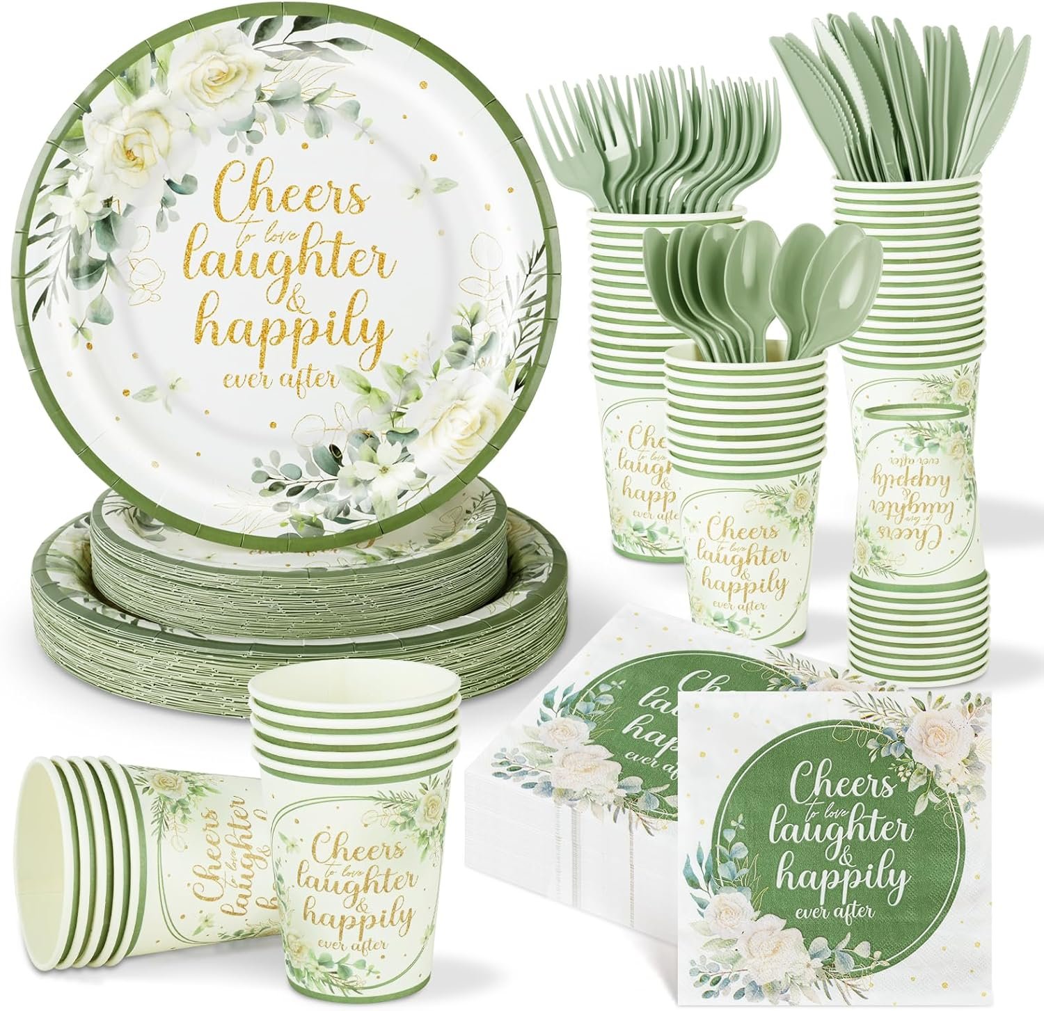 Wholesale 350 Pcs Eucalyptus Leaves Sage Green Disposable Tableware Set Plates Napkins Cups Knives Forks Cheers to Love Party Favors for 50 Guests Bridal Shower Wedding Engagement Decor Supplier