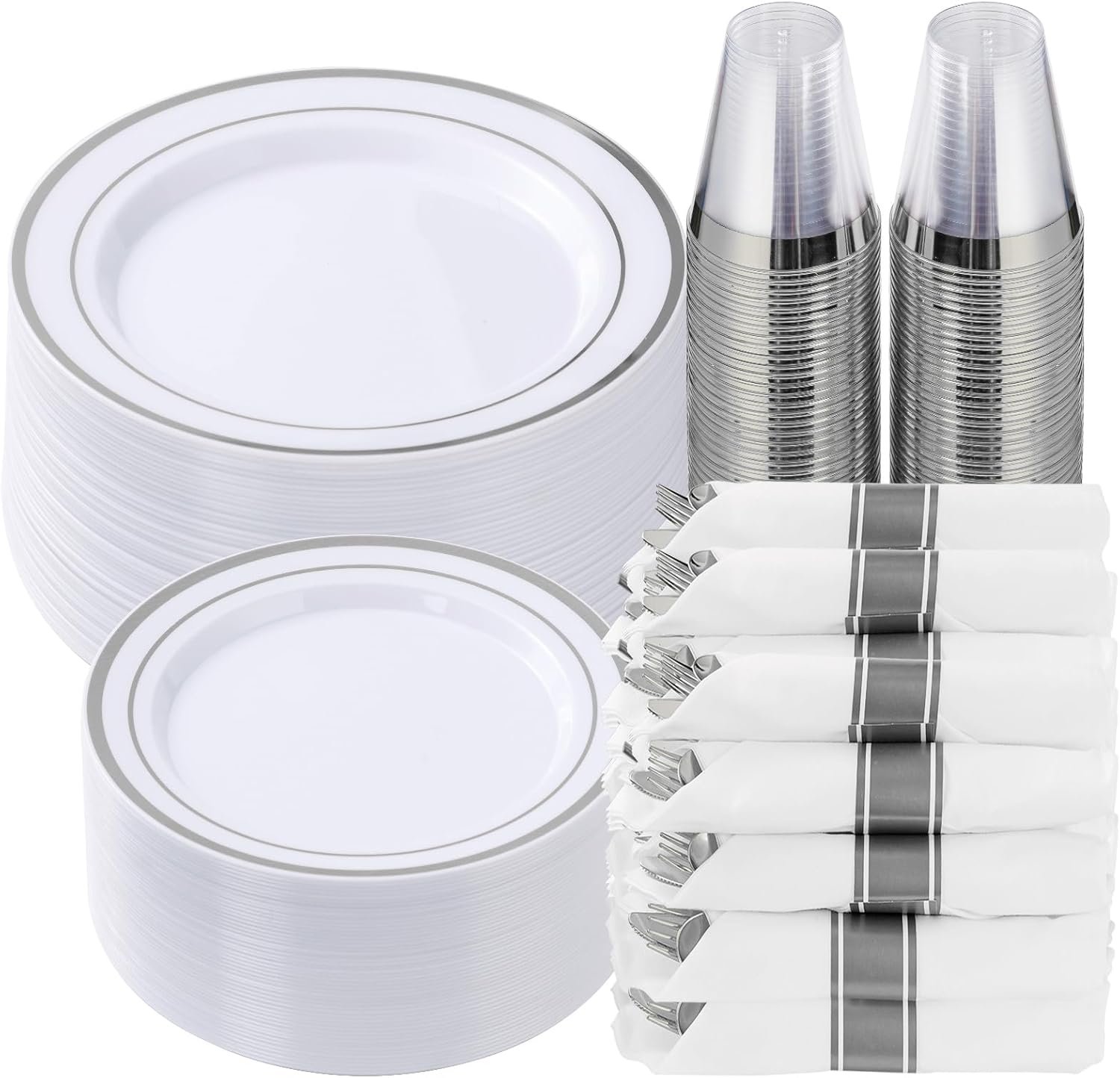 Wholesale 350 Piece Silver Plastic Dinnerware Set for 50 Guests Fancy Disposable Party Plates Includes 50 Dinner Plates 50 Dessert Plates 50 Pre-Rolled Napkins with Silverware 50 Cups Supplier
