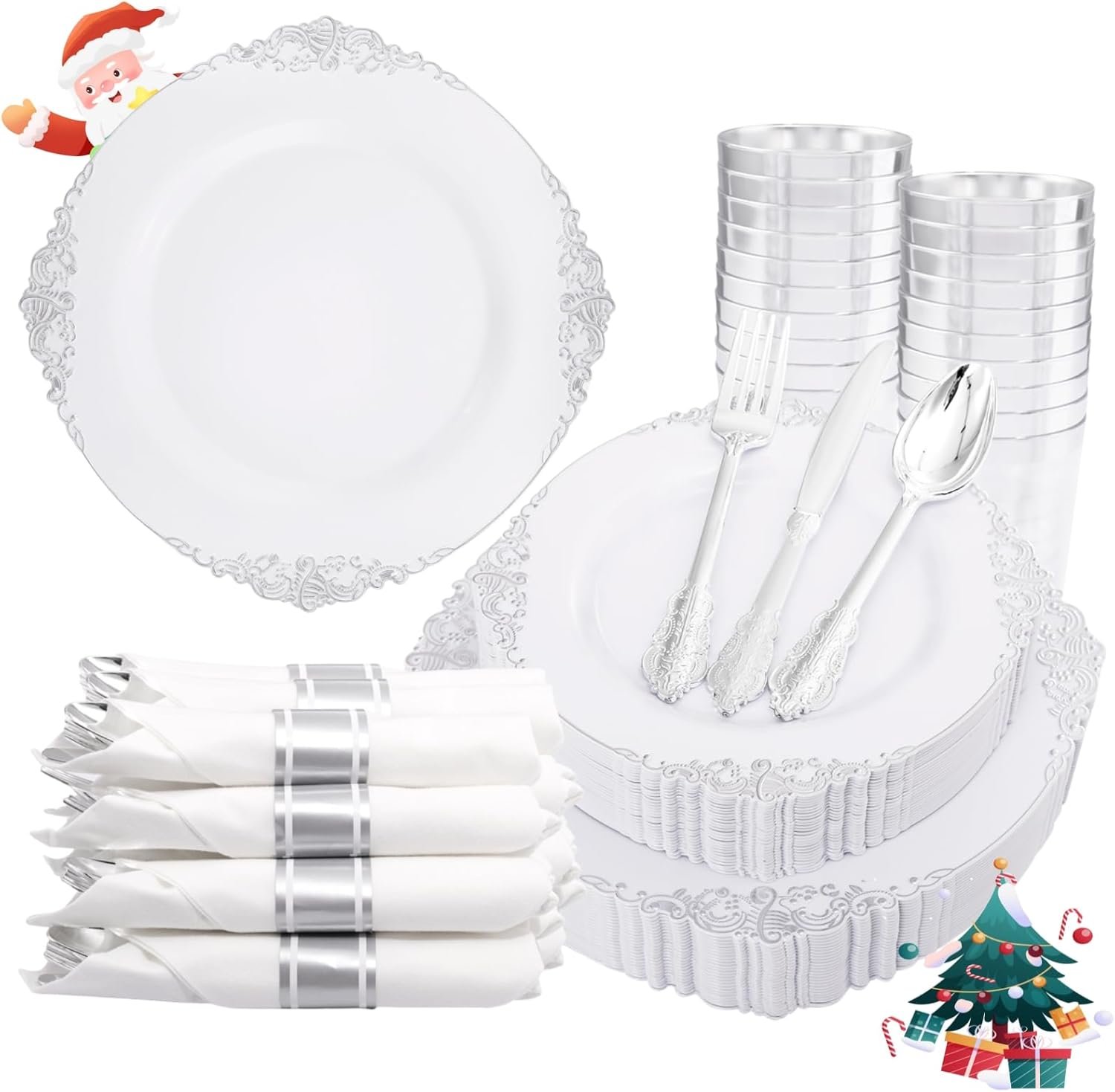 Wholesale 350PCS Silver Plastic Plates and Pre-Rolled Napkins for 50 Guests Disposable Dinnerware Set 100 Silver Plates 150 Silver Silverware 50 Cups 50 Napkins for Christmas Supplier Wholesale 350PCS Silver Plastic Plates and Pre-Rolled Napkins for 50 Guests Disposable Dinnerware Set 100 Silver Plates 150 Silver Silverware 50 Cups 50 Napkins for Christmas Supplier