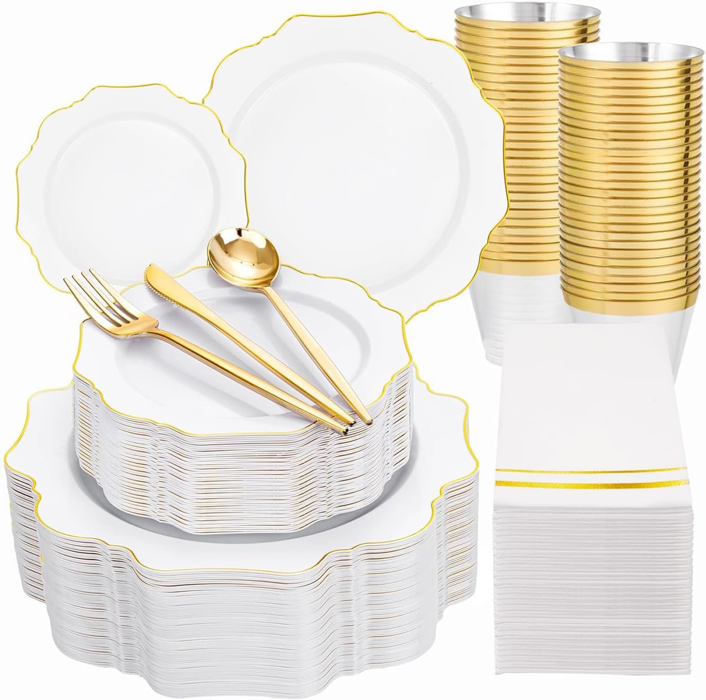 Wholesale 350PCS White and Gold Disposable Plastic Plates for 50 Guests Ideal for Parties Weddings Birthdays Valentine's Day Supplier