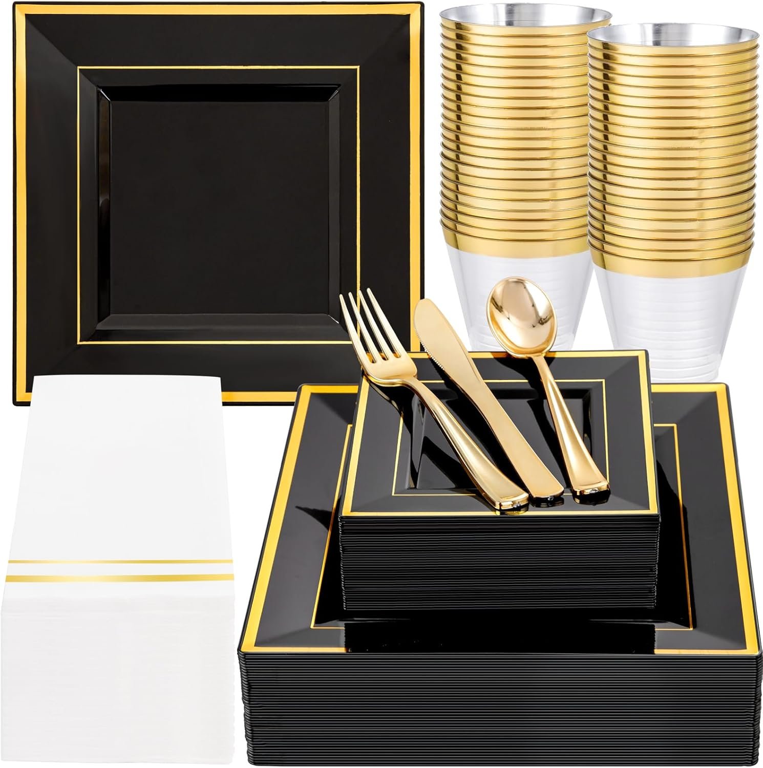 Wholesale 350Pcs Black and Gold Plastic Plates for 50 Guests Disposable Square Dinnerware Set 100 Plates 50 Cups 150 Cutlery 50 Napkins for Party Wedding New Year Supplier