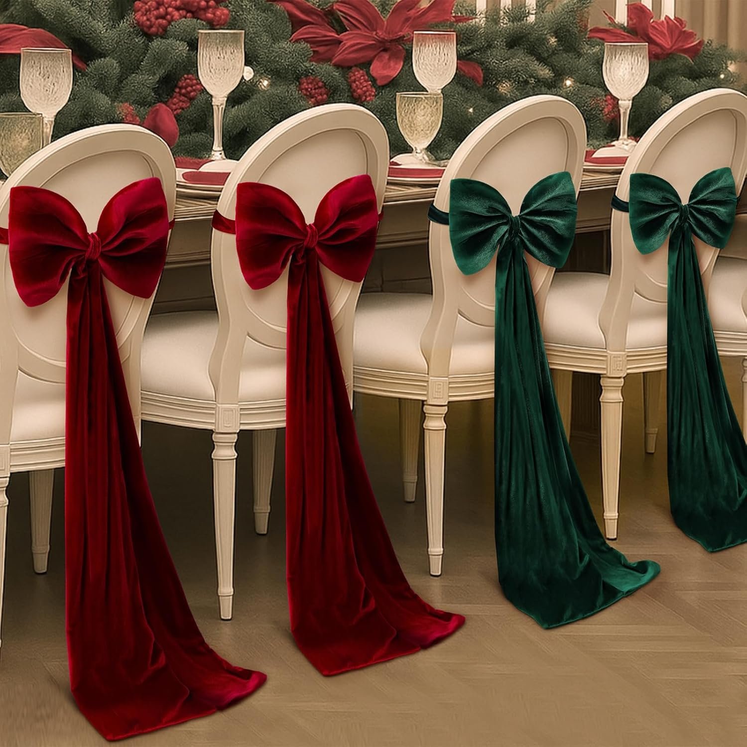 Wholesale 4 Pcs Red and Green Velvet Chair Bows Sashes 12 x 43 Inch Elegant Ribbons Tie Bands for Wedding Birthday Party Christmas Dining Room Decoration Supplier