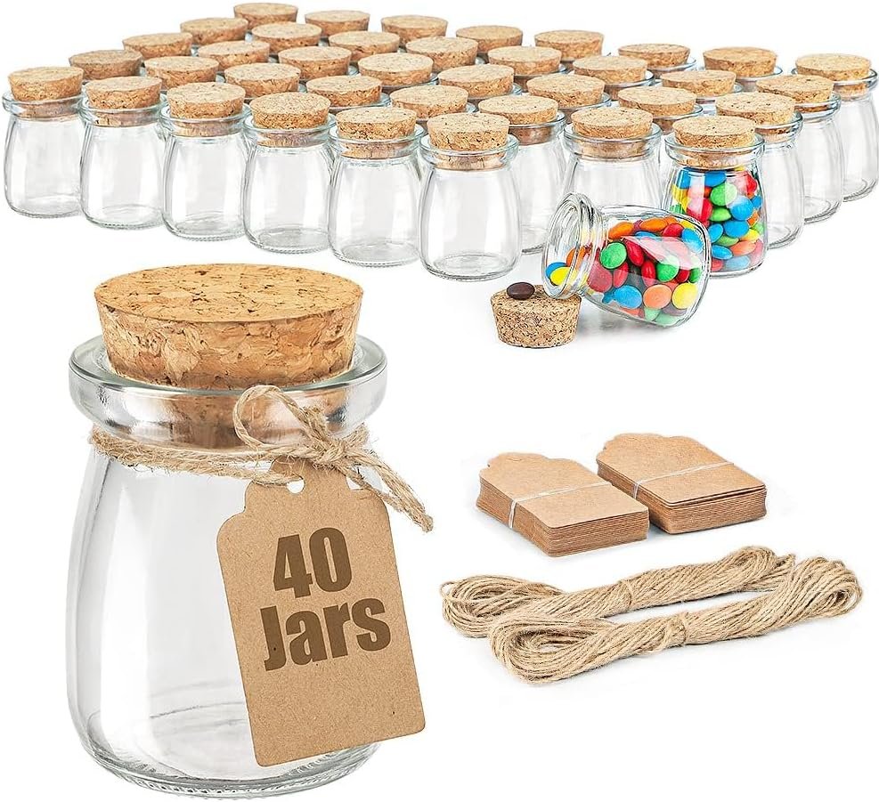 Wholesale 40 Pack 3.4 oz Glass Favor Jars with Cork Lids Small Bottles for Wedding Baby Shower Party Candy Gifts Bonus Twine Labels Supplier Wholesale 40 Pack 3.4 oz Glass Favor Jars with Cork Lids Small Bottles for Wedding Baby Shower Party Candy Gifts Bonus Twine Labels Supplier
