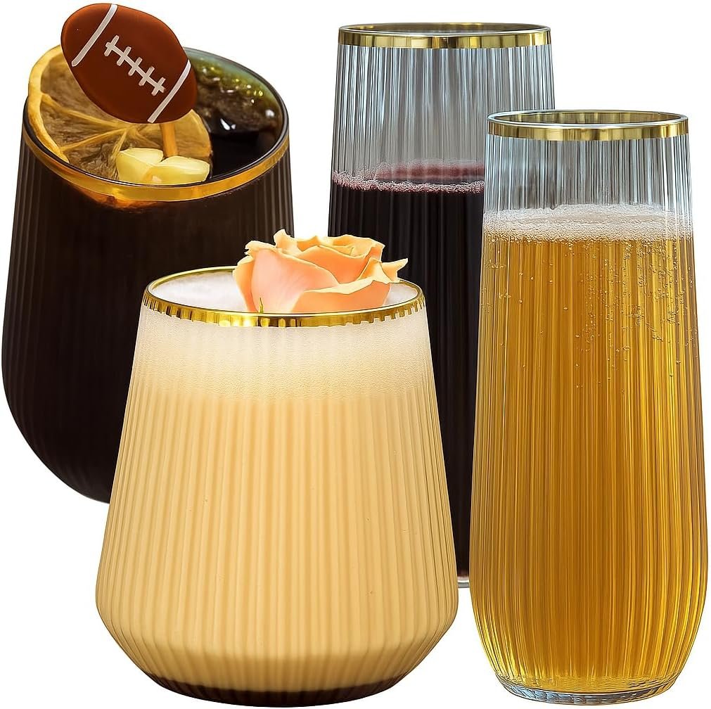 Wholesale 48 Pack Ribbed Origami Ripple Plastic Glasses 24 9 Ounce Stemless Champagne Flutes & 24 12 Ounce Cups BPA-Free Disposable Shatterproof Toasting Glasses for Weddings Bars Events Gold Rim Supplier Wholesale 48 Pack Ribbed Origami Ripple Plastic Glasses 24 9 Ounce Stemless Champagne Flutes & 24 12 Ounce Cups BPA-Free Disposable Shatterproof Toasting Glasses for Weddings Bars Events Gold Rim Supplier